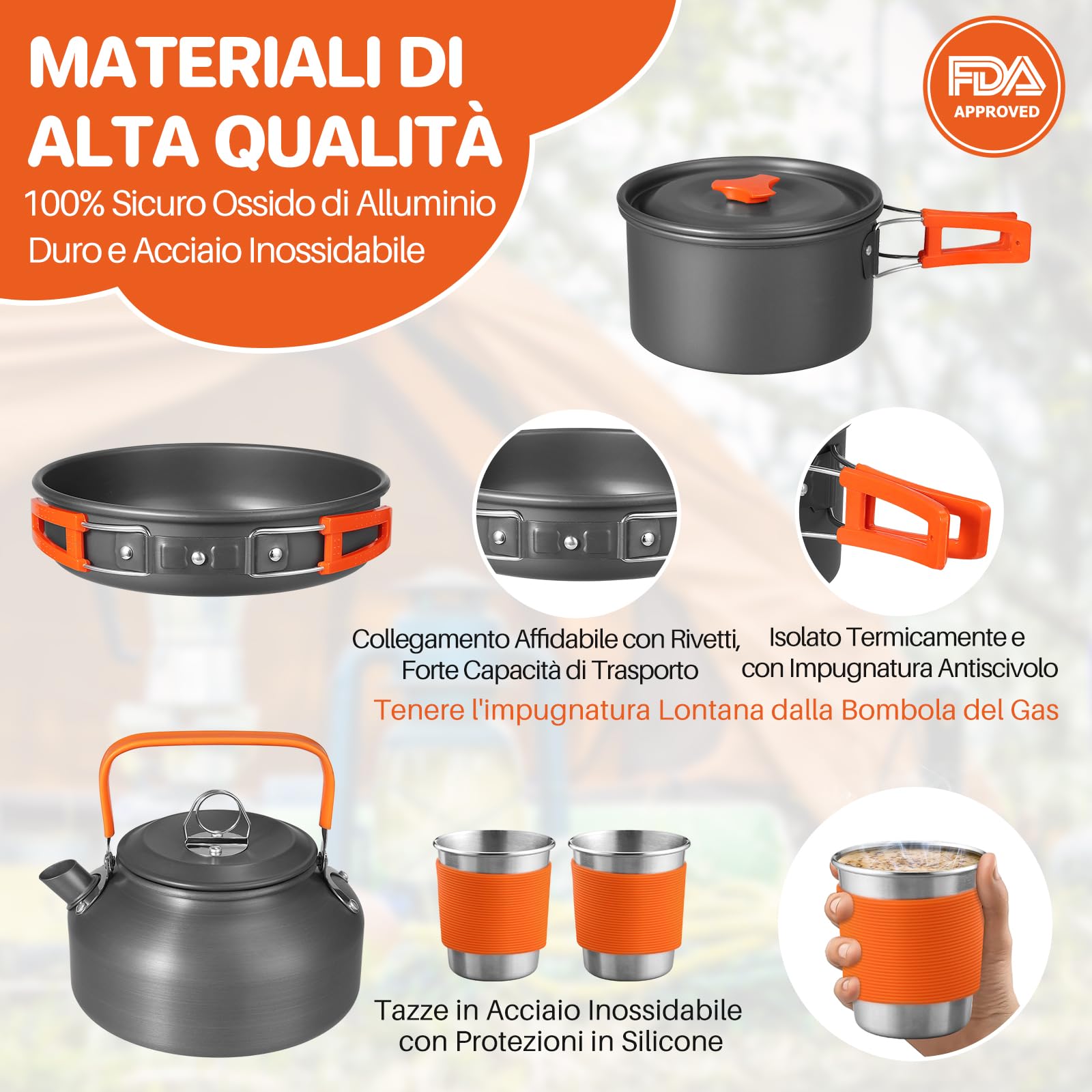 FUNYKICH 17 Pezzi Set di Pentole da Campeggio in Alluminio,Posate Pieghevoli,con Bollitore,Tazze in Acciaio Inox e Moschettone, per Pesca,Picnic e Escursioni