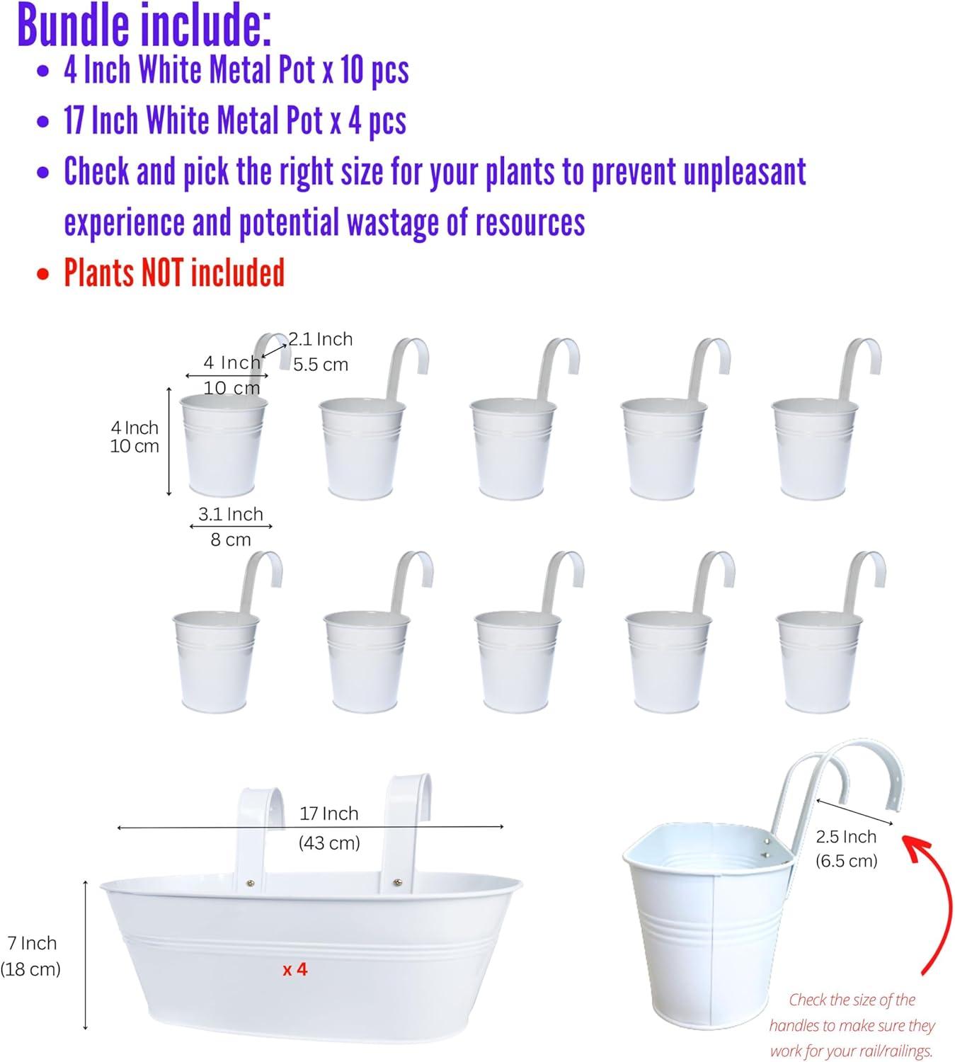LaLaGreen Bundle- 10 Pack, 4 Inch + 4 Pack, 17 Inch White Metal Pot Window Hanging Plant Herb Succulent Flower Bucket Boxes with Hook Railings Fence Wall Mount Outdoor Porch Patio Balcony Deck Decor