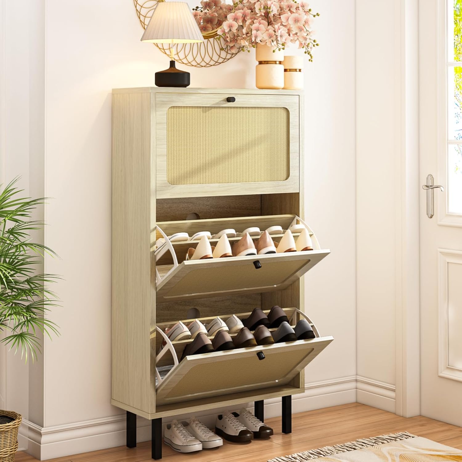 Recaceik Shoe Cabinet with 3 Flip Drawers, Rattan Entryway Shoe Storage Cabinet, Freestanding Wooden Shoe Rack Storage Cabinet with Metal Legs, Narrow Shoe Organizer for Entryway Hallway Mudroom