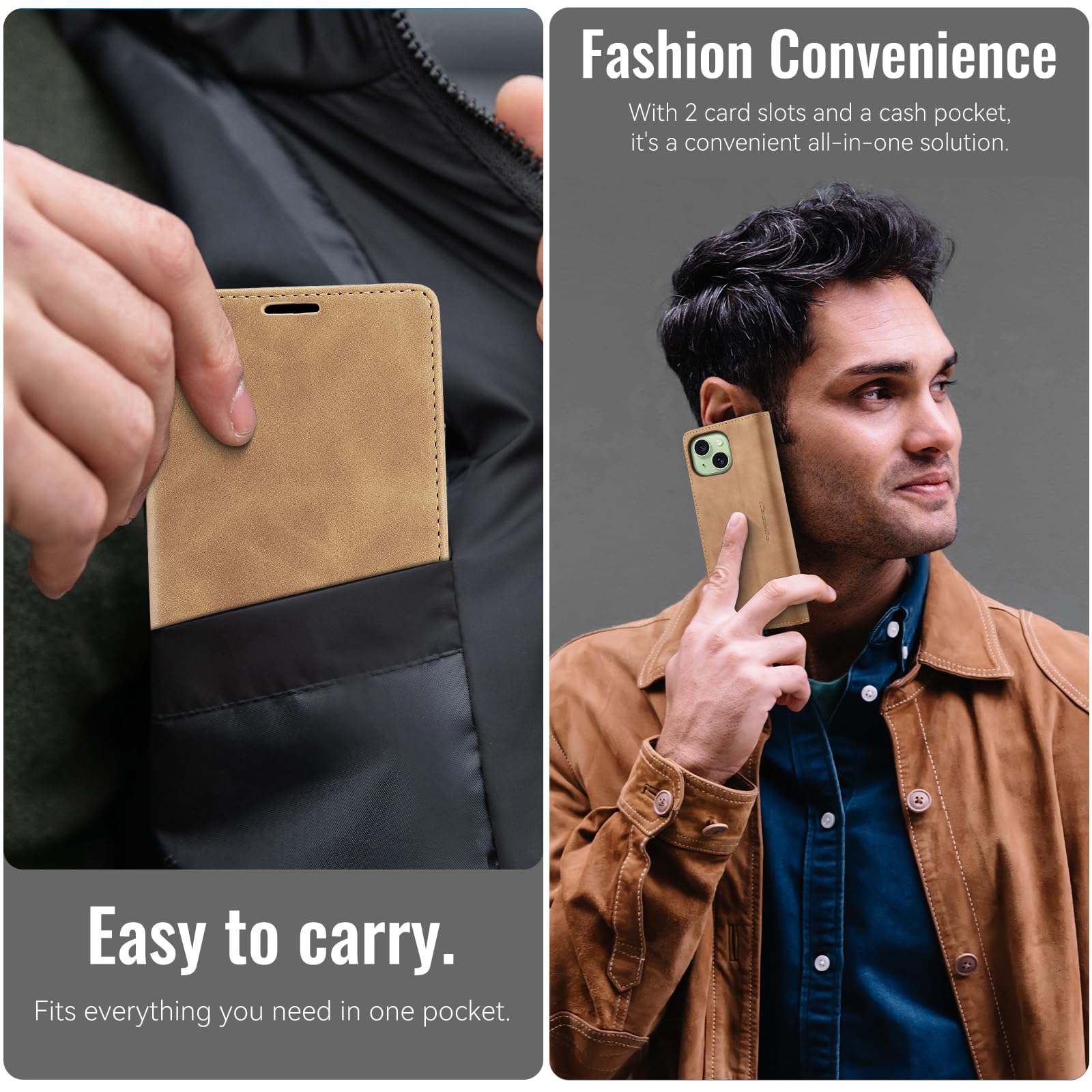 Azororo Cover per iPhone 15 5G, Premium PU Pelle Custodia, Magnetica Carta Fessura Portafoglio Case, Flip Cavalletto Custodia per iPhone 15 - Marrone