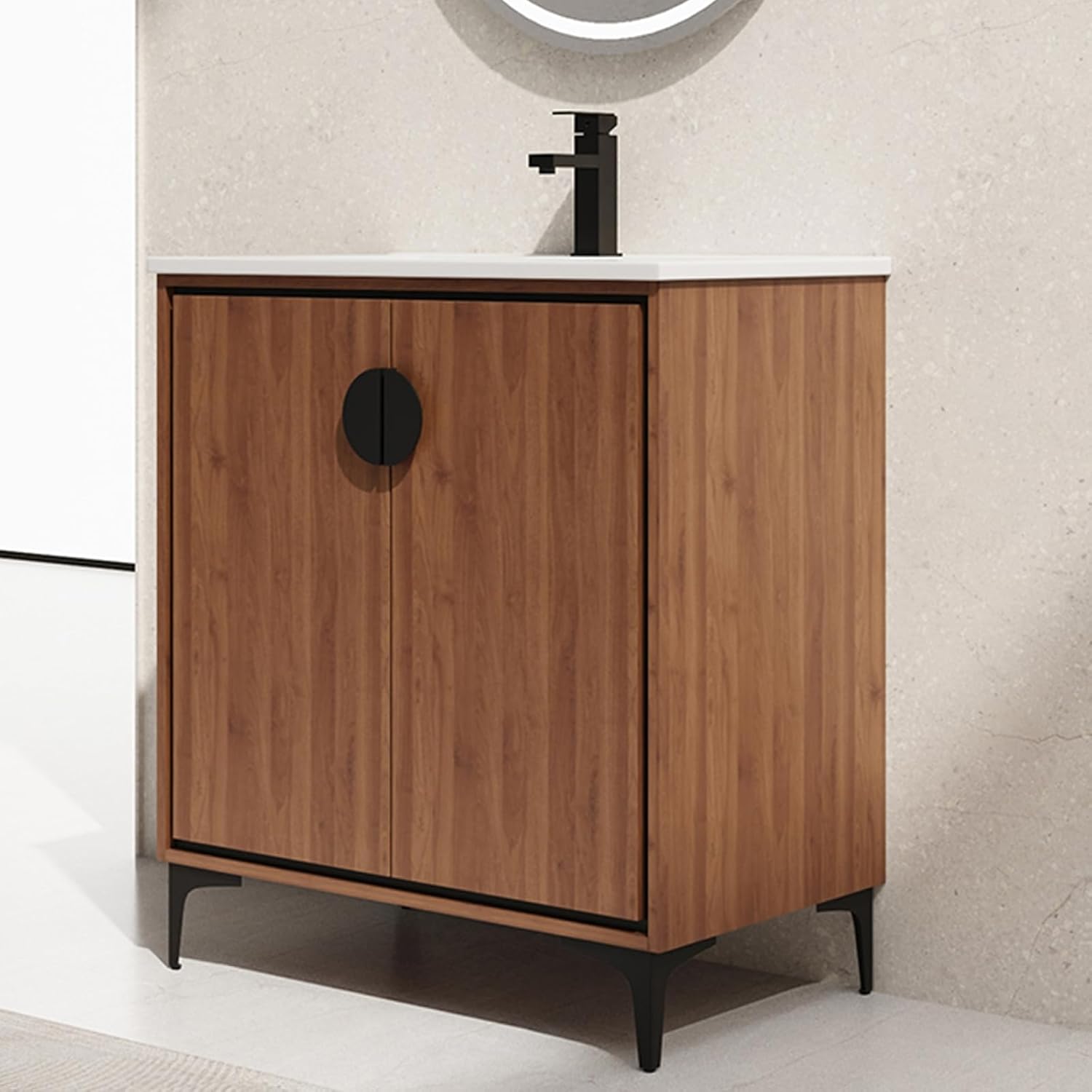 Modern 30" Bathroom Vanity with Sink, Freestanding Bathroom Cabinet with Undermount Ceramic Sink, Single Small Bathroom Vanities, Bathroom Storage Vanity Set w/ 2 Doors and Shelf, Soft-Close, Brown
