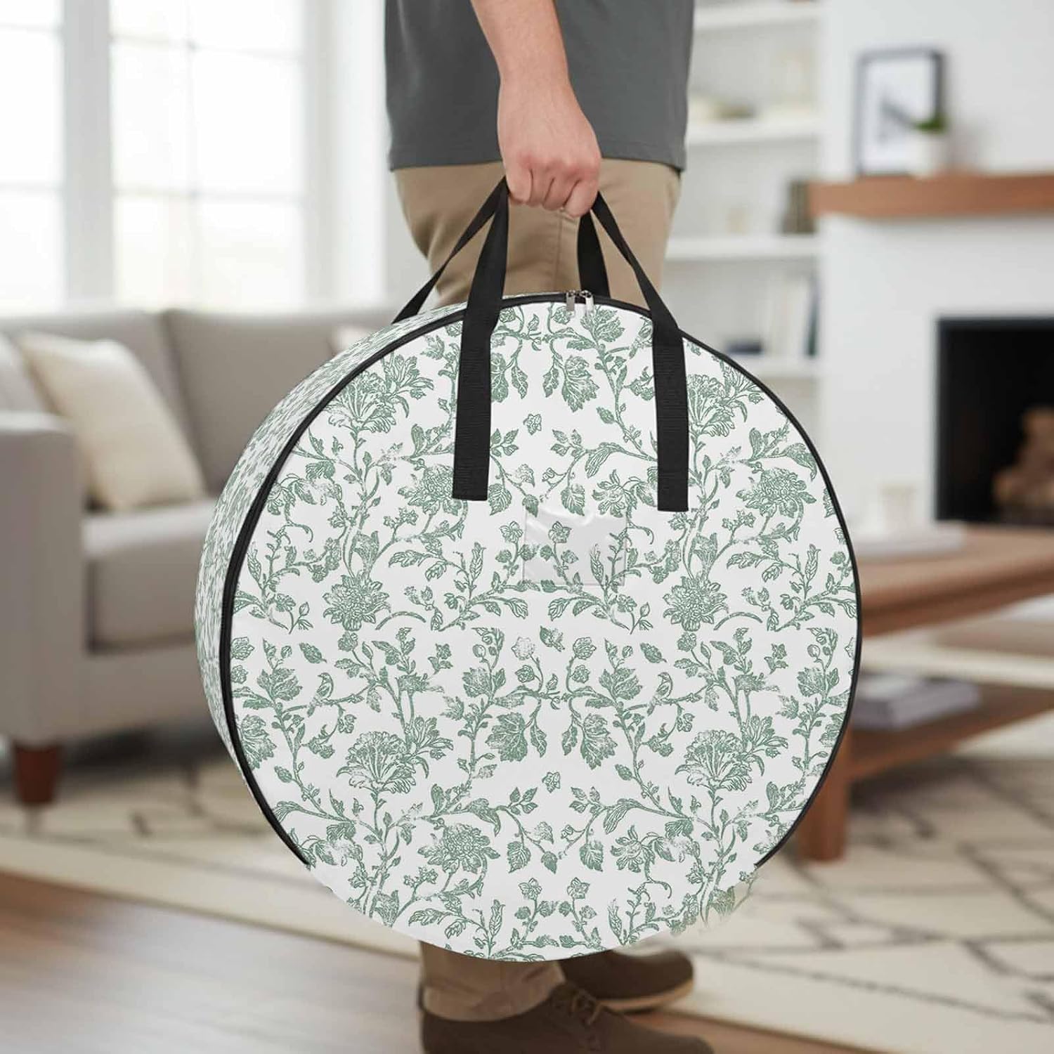 Pastoral Flowers Round Storage Bag 36 Inch, Fruit Green Flower Farmhouse Plant Clothes Storage Container with Handles Heavy Duty Organizer for Comforter, Bedding & Holiday Wreaths