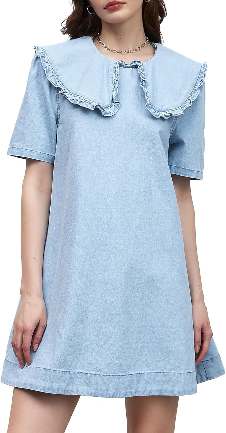 Kedera Womens Denim Mini Dress 2025 Peter Pan Collar Short Sleeve Casual Summer Babydoll Jean Dress with Pockets - Image 7