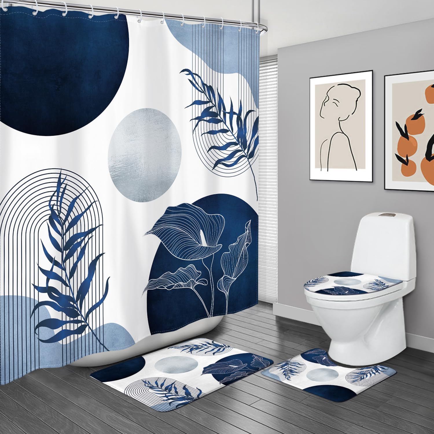 KOMLLEX 4Pcs Navy Blue Boho Shower Curtain Sets, Bath Mat and Toilet Lid Cover, Mid Century Modern Abstract Plant Geometric Minimalist Sun Bathroom Decor Set with Rugs and Accessories, 12 Pack Hooks