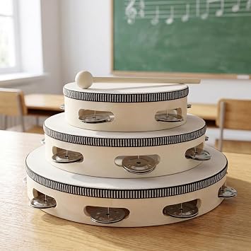 3 Pack 6 Inch 8 Inch 10 Inch Wooden Tambourine, Wood Frame Hand Held Tambourine with 3 Drum Sticks for Rhythm Learning, Music Performances, Parties