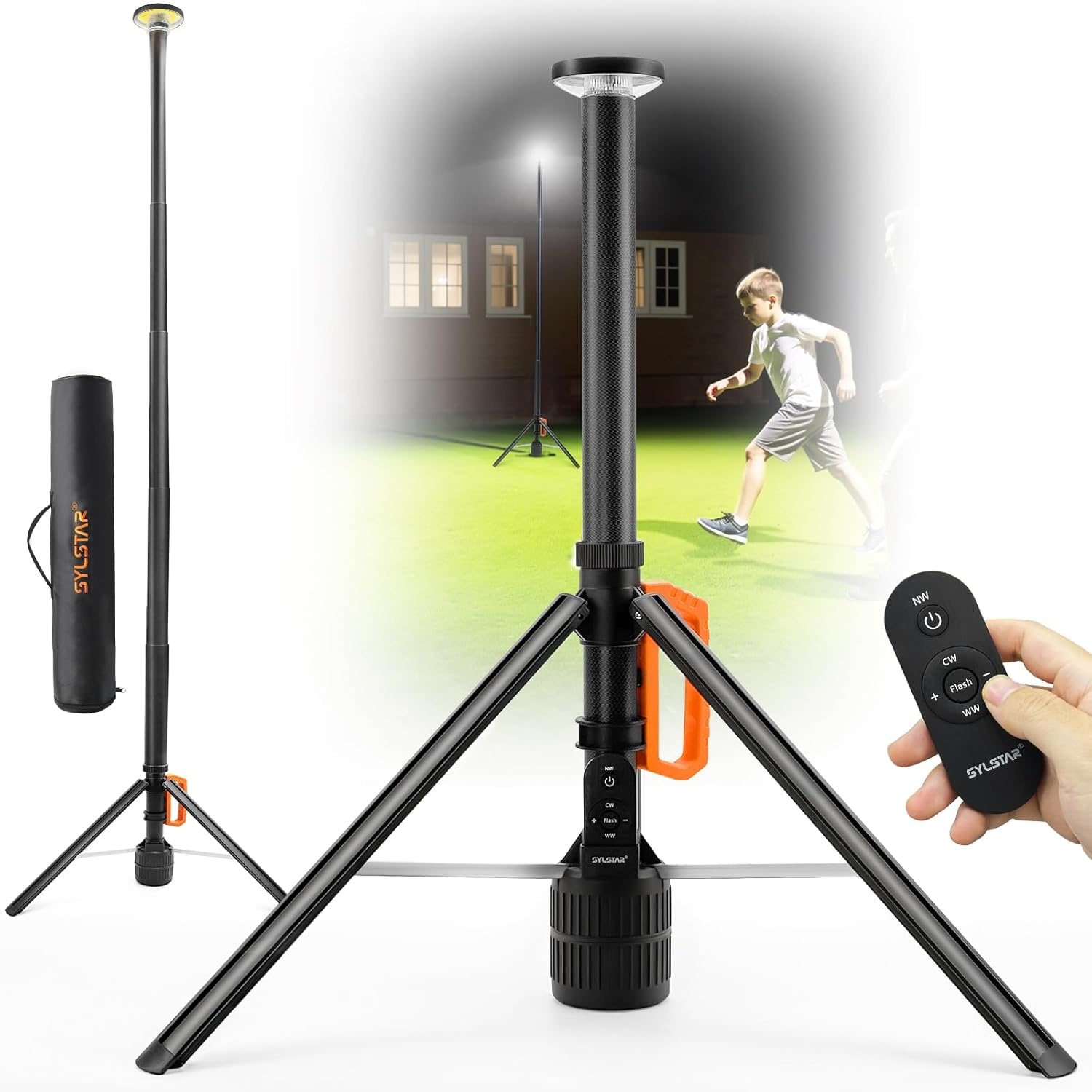 SYLSTAR Baustrahler LED mit Stativ, Akku Strahler mit Fernbedienung &amp;Teleskopständer (2.65M), 3000LM Ultra Bright, 3CCT Dimmbar, 6000mAh Batterie Baustellenlampe für Werkstatt Sport Camping Notfälle