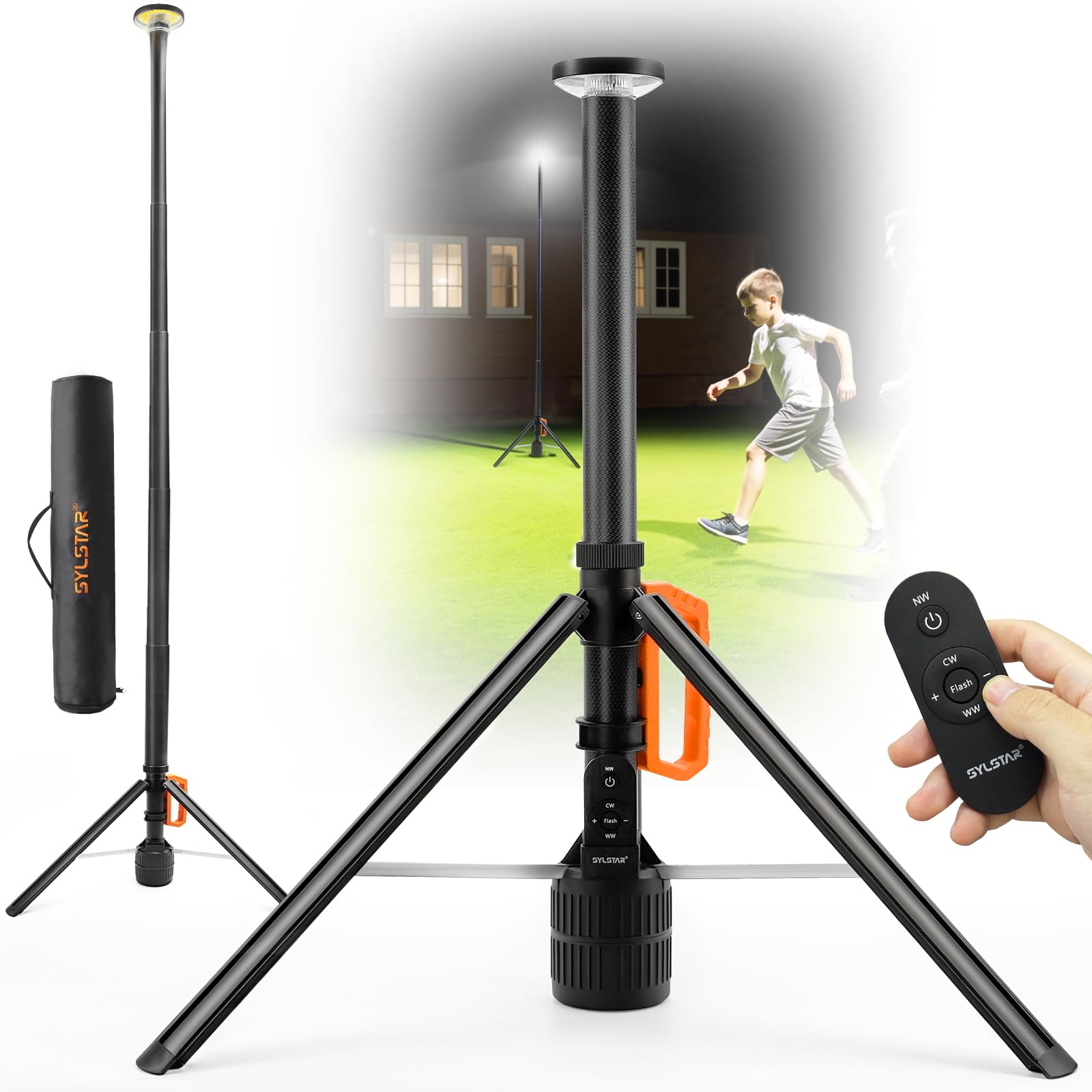 SYLSTAR Foco LED Recargable con Mando y Trípode Telescópico (2.65m), 3000LM Foco LED Bateria Ultrabrillante 3CCT Regulable, Portátil para Talleres, Camping, Deportes y Emergencias