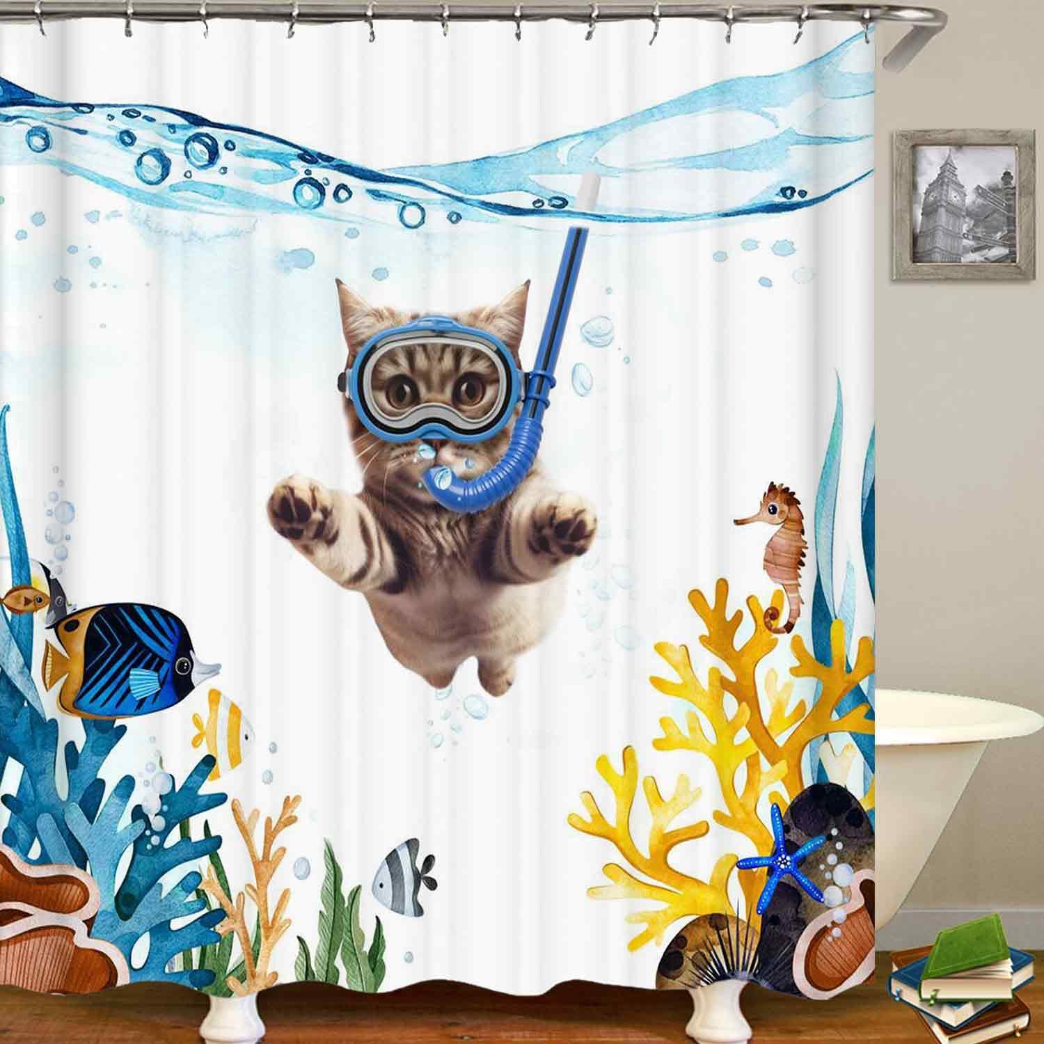 4PCS Funny Cat Shower Curtain Sets with Rugs, Waterproof White Fabric Shower Curtain, Cute Kitty Kitten Blue Ocean Underwater Tropical Fish Starfish Seahorse Coral Nautical Kids Bathroom Decor