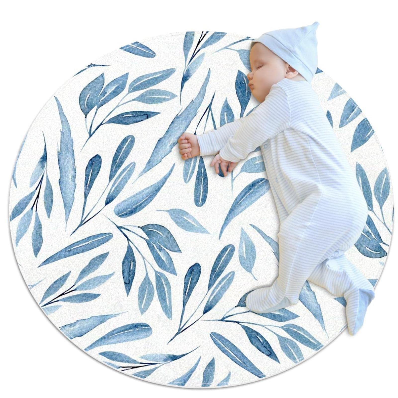 Tapis de salle de bain bleu aquarelle rond 1m pour chambre de bébé et canapé