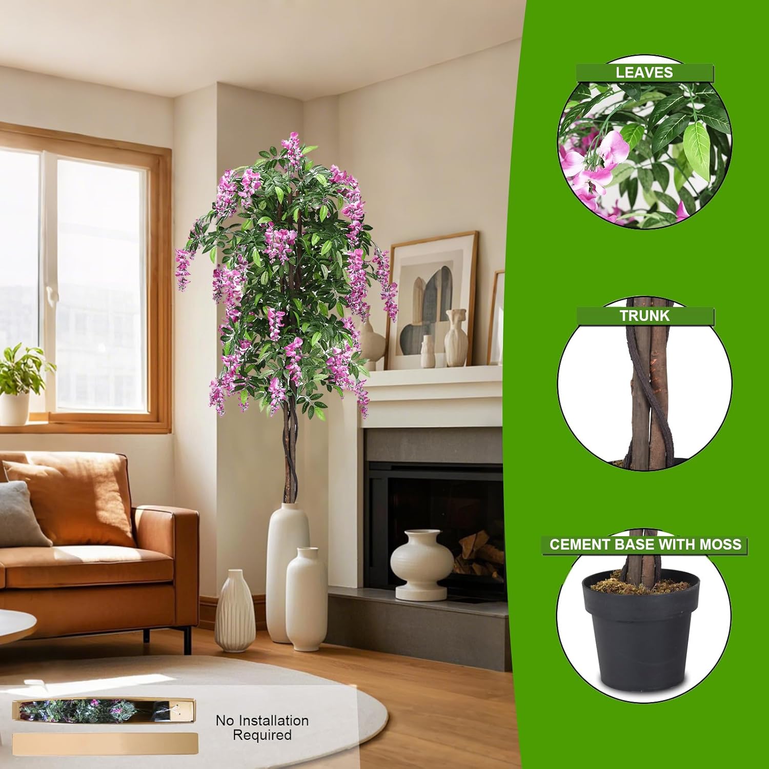 Artificial Wisteria Tree 6ft, Purple Red Wisteria w/Pot, Flowers, 2 Trunks, 1260 Leaves, Tall Artificial Trees Potted Plants for Outdoors, Home, Office, Garden, Living Room