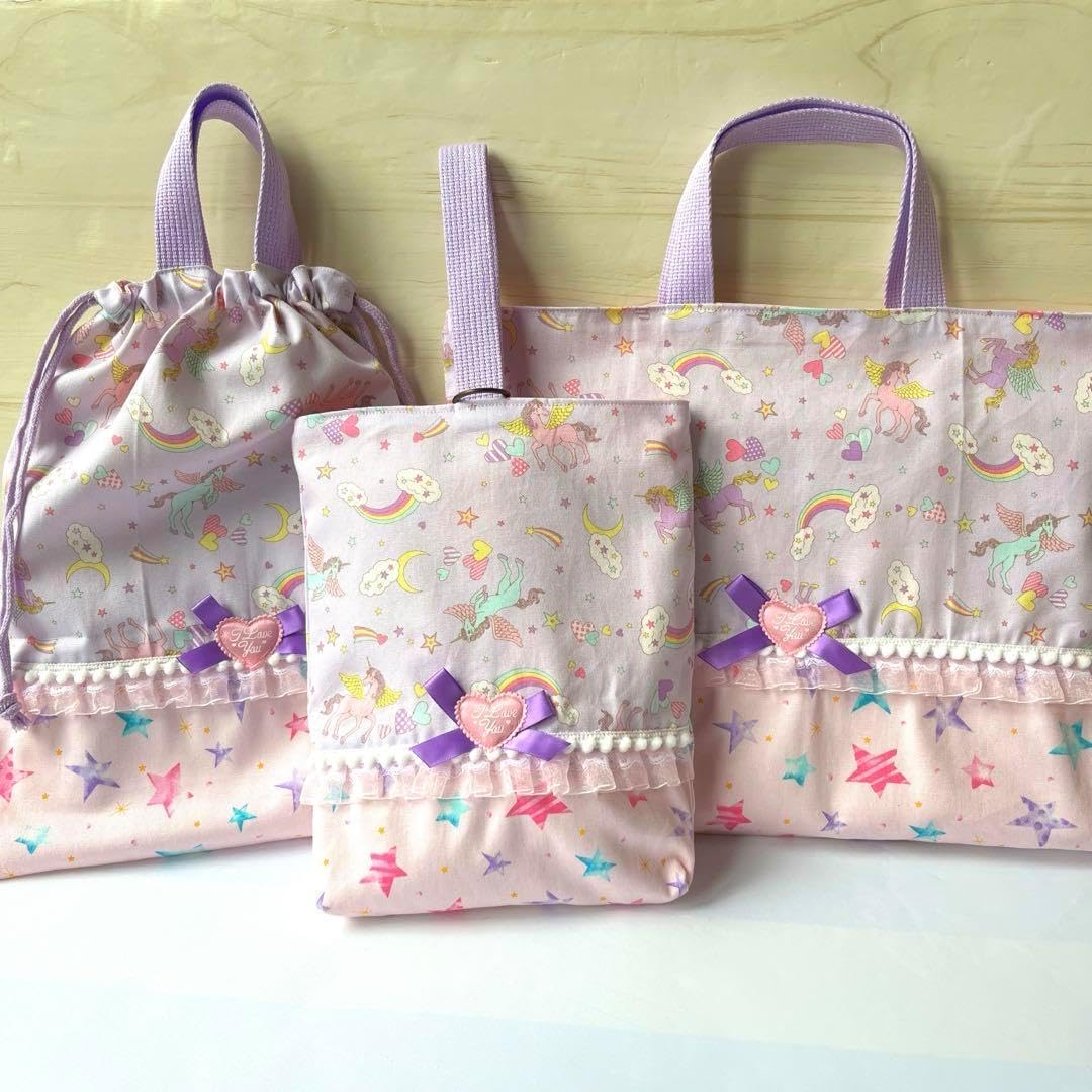 入園入学3点セット ユニコーン柄紫 手提げ 靴袋 体操着巾着