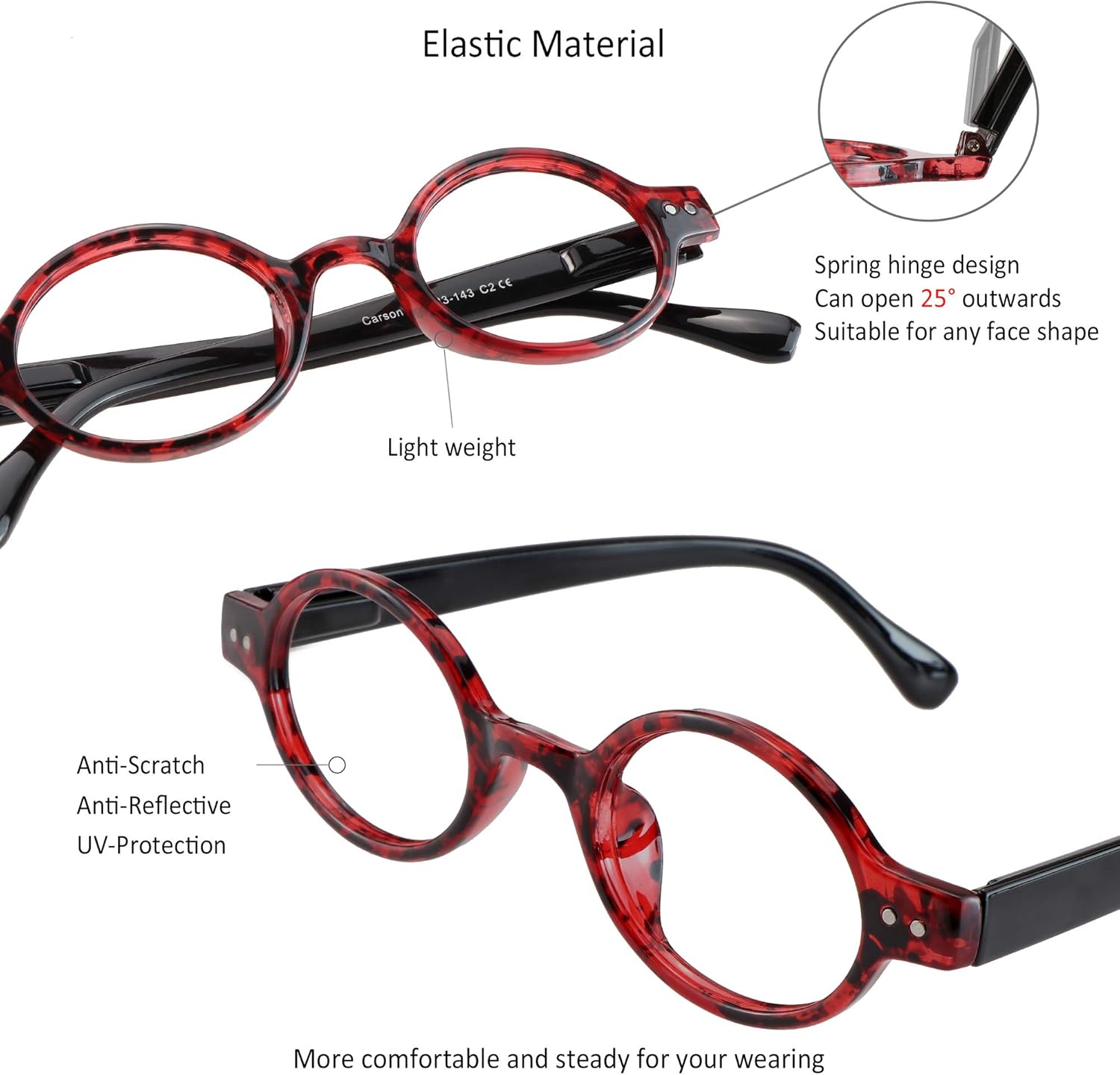 VisionGlobal 5 Pairs Reading Glasses with Spring Hinge, Blue Light Blocking Glasses for Women/Men,Oval Frame (Red, +2.25 Magnification)