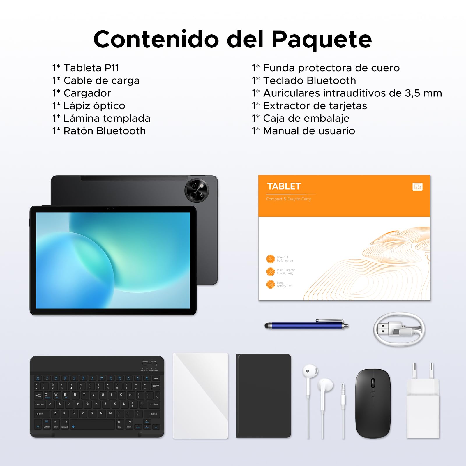 P11 Android 16 Tablet 11 Pulgadas, 48GB RAM + 128GB ROM/2TB TF, T7250 Octa-Core, 90Hz, 8800mAh, 13MP+5MP, Gemini AI, Widevine L1, Face ID, GPS, OTG, Doble altavoz, Tablet con Teclado y Lápiz, Negro