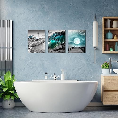 Miniatura 5 de Biuteawal Arte de pared de playa en blanco y negro para decoración de baño, decoración de pared costera verde azulado para sala de estar, faro, olas