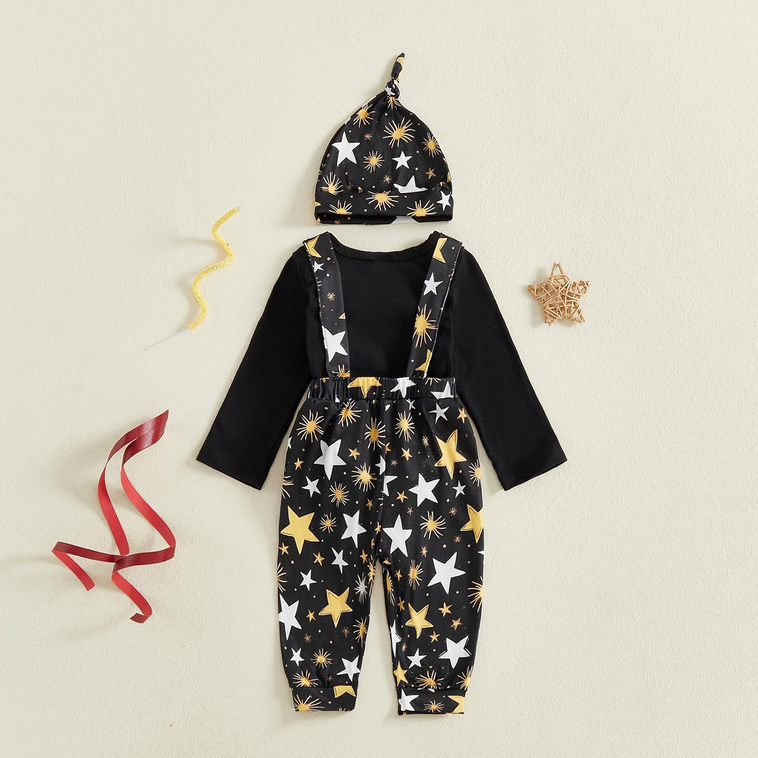 BeQeuewll Newborn Baby Boy Mardi Gras Outfit Letters Print Romper Striped Suspender Pants Overalls 3pcs Carnival Clothes Set