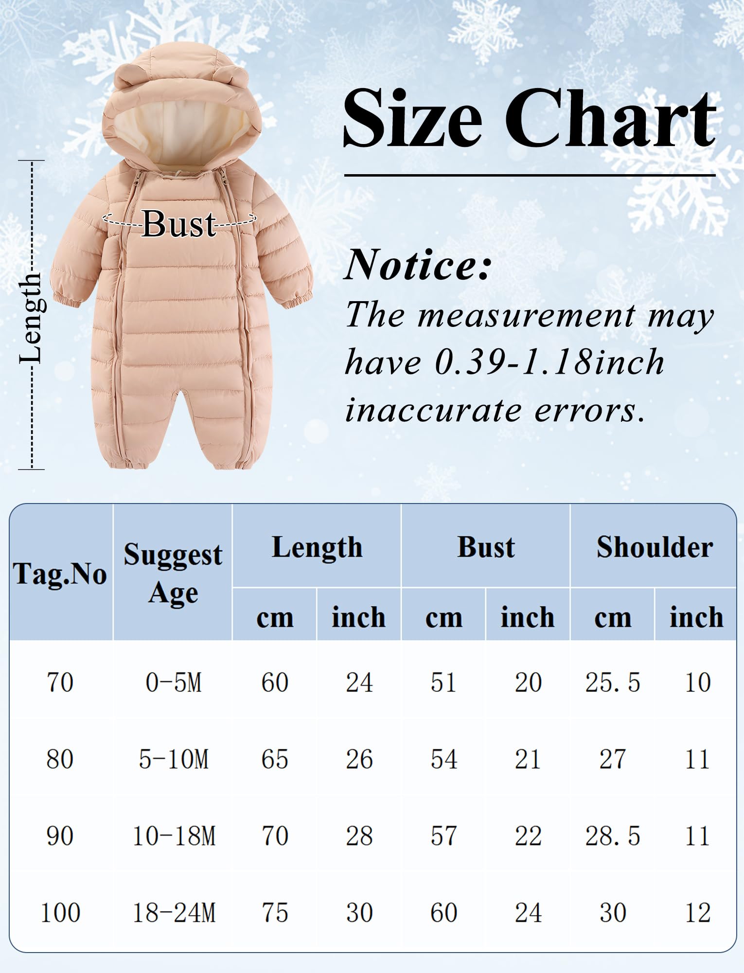 Maeau Combinaison de Neige Ski Bébé Nouveau Né Fleece Manteau à Capuche Bébé Garçon Fille Body Barboteuse Hiver 0-24 mois Snowsuit avec Double Fermeture Éclair Grenouillère Chaud Bébé Fille Garçon