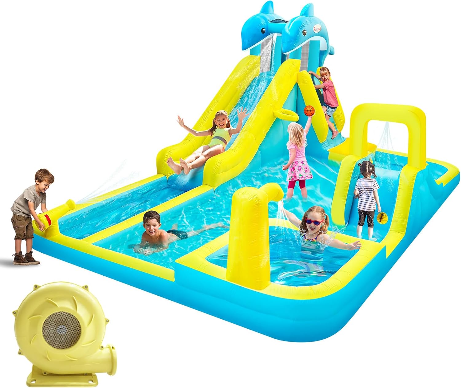 Inflatable Water Slide, Dolphin Styling Giant Bouncy Waterslide Park, with Extra Long Slide,Climbing Wall,Deep Pool,Water Cannon, 550W Blower for Indoor Outdoor Backyard Kids Party