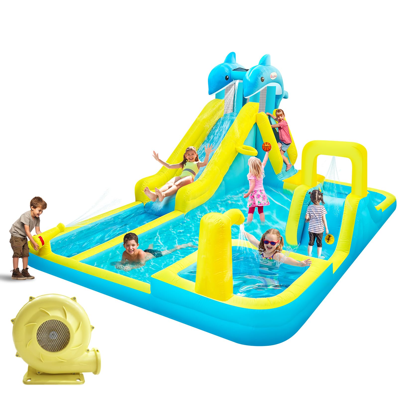 Inflatable Water Slide, Dolphin Styling Giant Bouncy Waterslide Park, with Extra Long Slide,Climbing Wall,Deep Pool,Water Cannon, 550W Blower for Indoor Outdoor Backyard Kids Party
