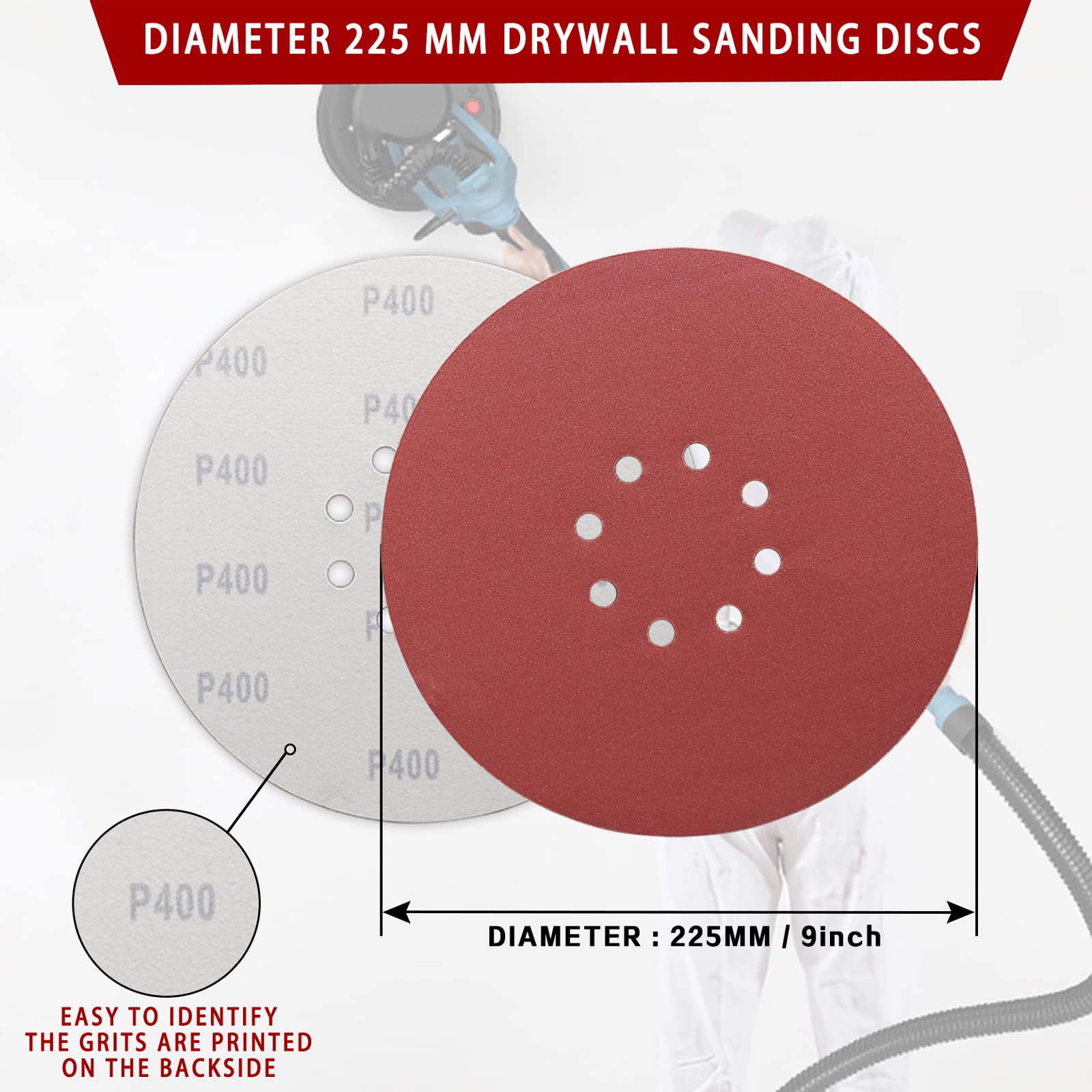 STEBRUAM Tarcze szlifierskie 225 mm o ziarnistości 400, 30 sztuk tarcze szlifierskie oscylacyjne 9 cali 225 mm duże tarcze szlifierskie z haczykami i pętelkami, 8 otworów, okrągła blacha papieru ściernego do szlifowania żyrafy, podkładki szlifierskie do p