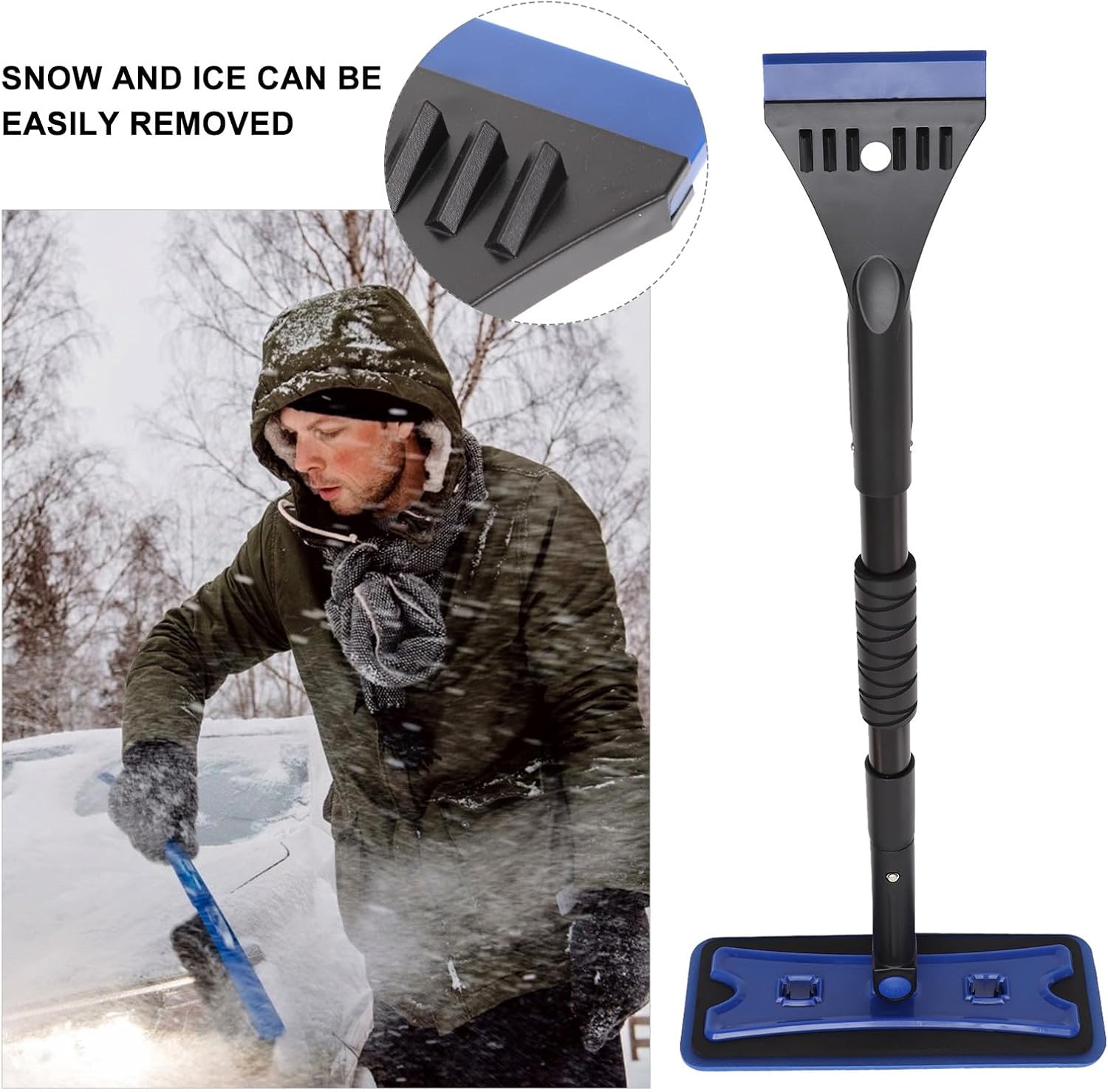 Unomor Extendable Detachable Car Snow Scraper and Brush with Eva Sponge Blue Ice Scraper for Windshield Snow Removal Non-Scratch Brush for Suvs and Trucks in Winter