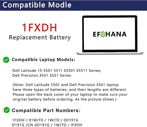 Miniatura 4 de 1FXDH 1WJTO - Batería de repuesto para laptop Dell Latitude 15 5501 5511 E5501 E5511 Precision 3541 3551 Series Notebook 01WJT0 1WJT0 0D191G D191G