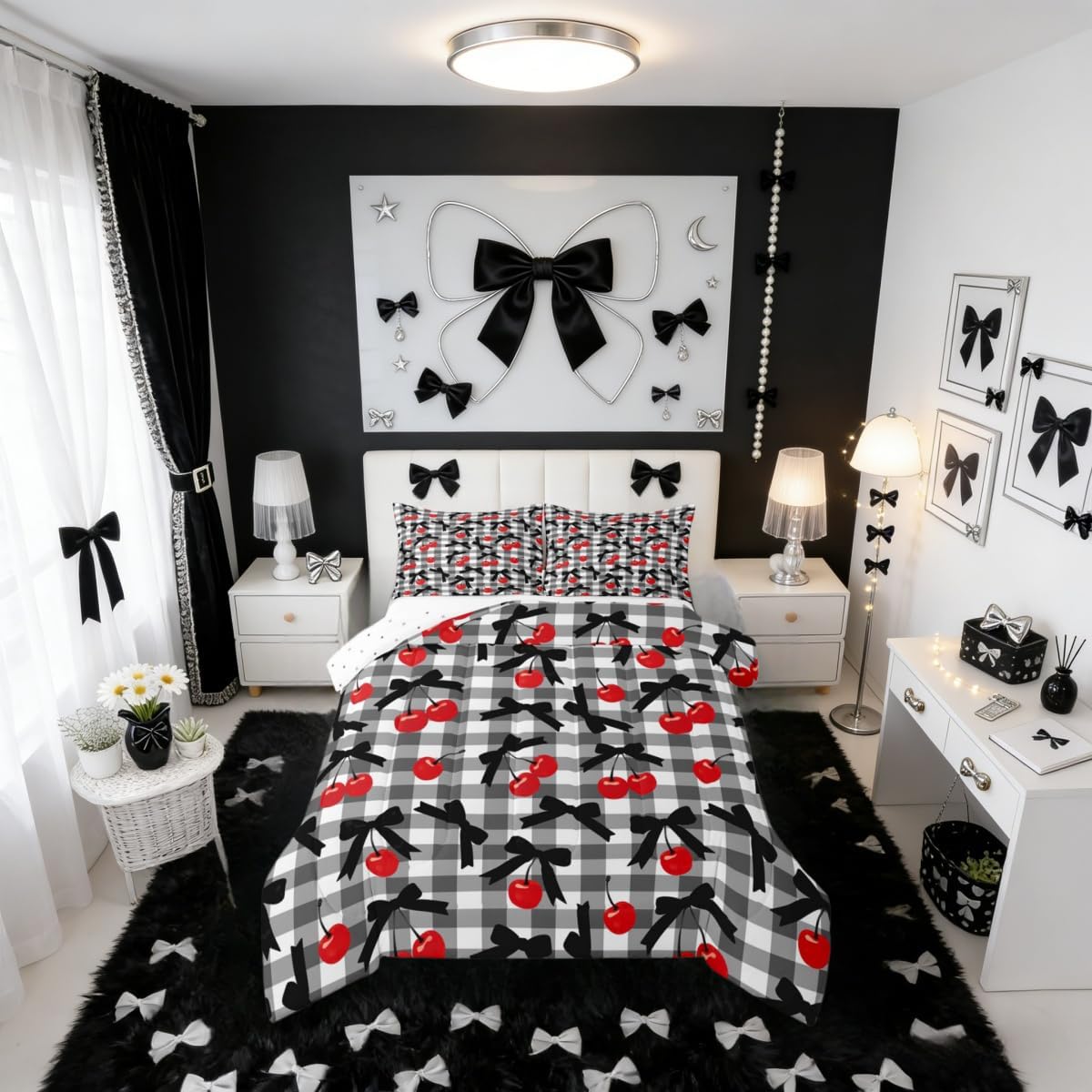Erosebridal Cherry Bow Comforter Set Twin Size Coquette Black Bow Bedding Set for Kids Teen Girls Women Bedroom Black White Lattice Plaid Comforter Modern Fashion Aesthetic Quilt Duvet