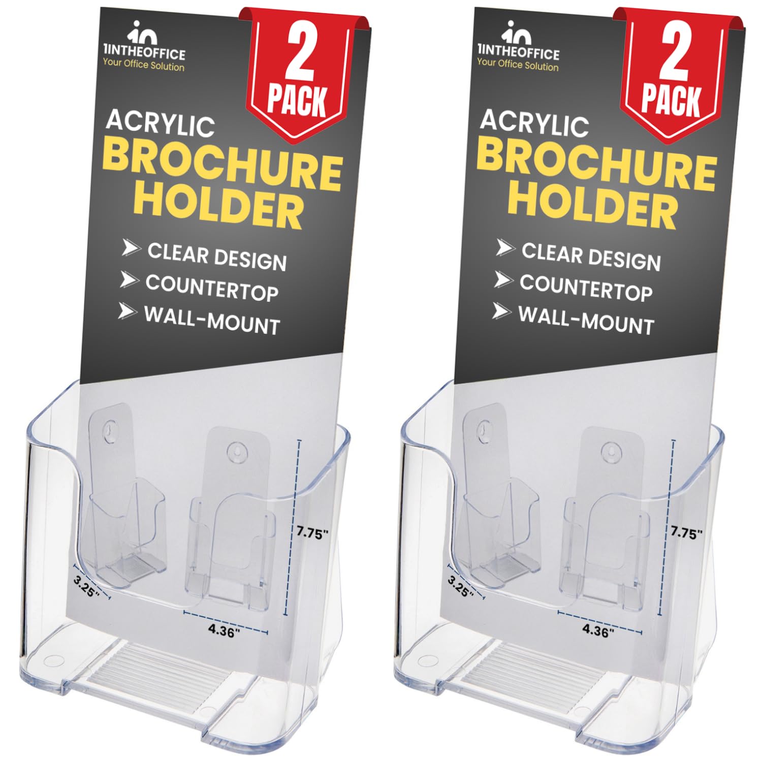 1InTheOffice Acrylic Brochure Holder, Pamphlet Holder, 4" W x 3" D, Wall Mount/Countertop, 2 Pack