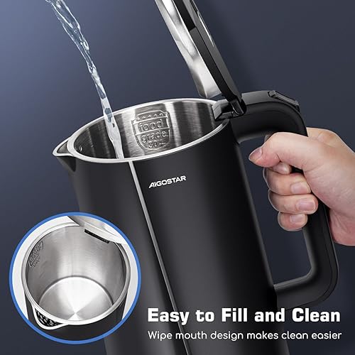 Miniatura 8 de Aigostar Hervidor eléctrico, calentador de agua caliente interior de acero inoxidable 304 de doble pared de 1.7L, hervidor de té eléctrico de 1500