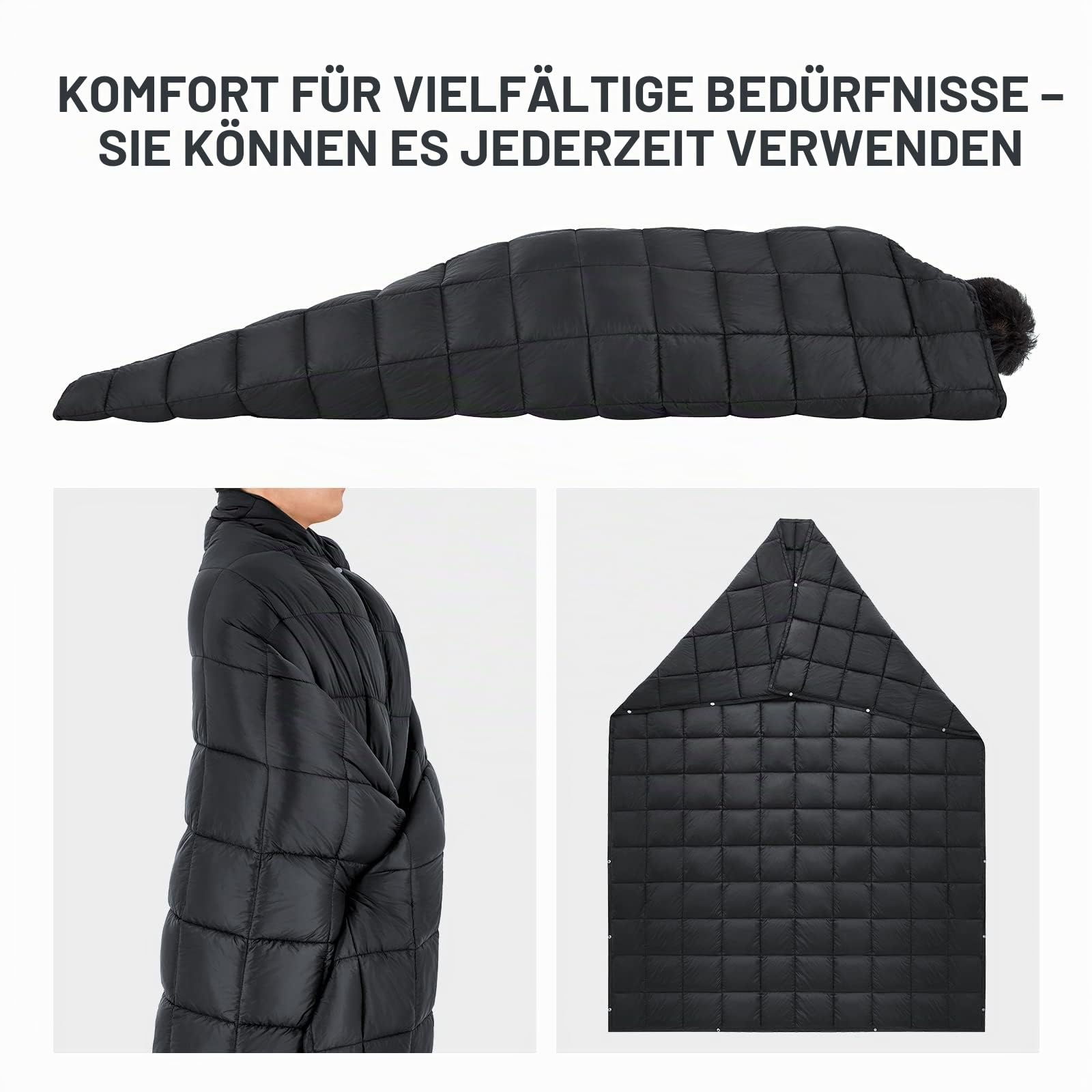 KingCamp Campingdecke, leicht, groß, packbar, warm, Daunenalternative, wasserabweisend, isoliert, kompakt, für Flugzeug, Wandern, Picknick, Stadion, Park, Schwarz, ca. 500 g, 200 x 145 cm