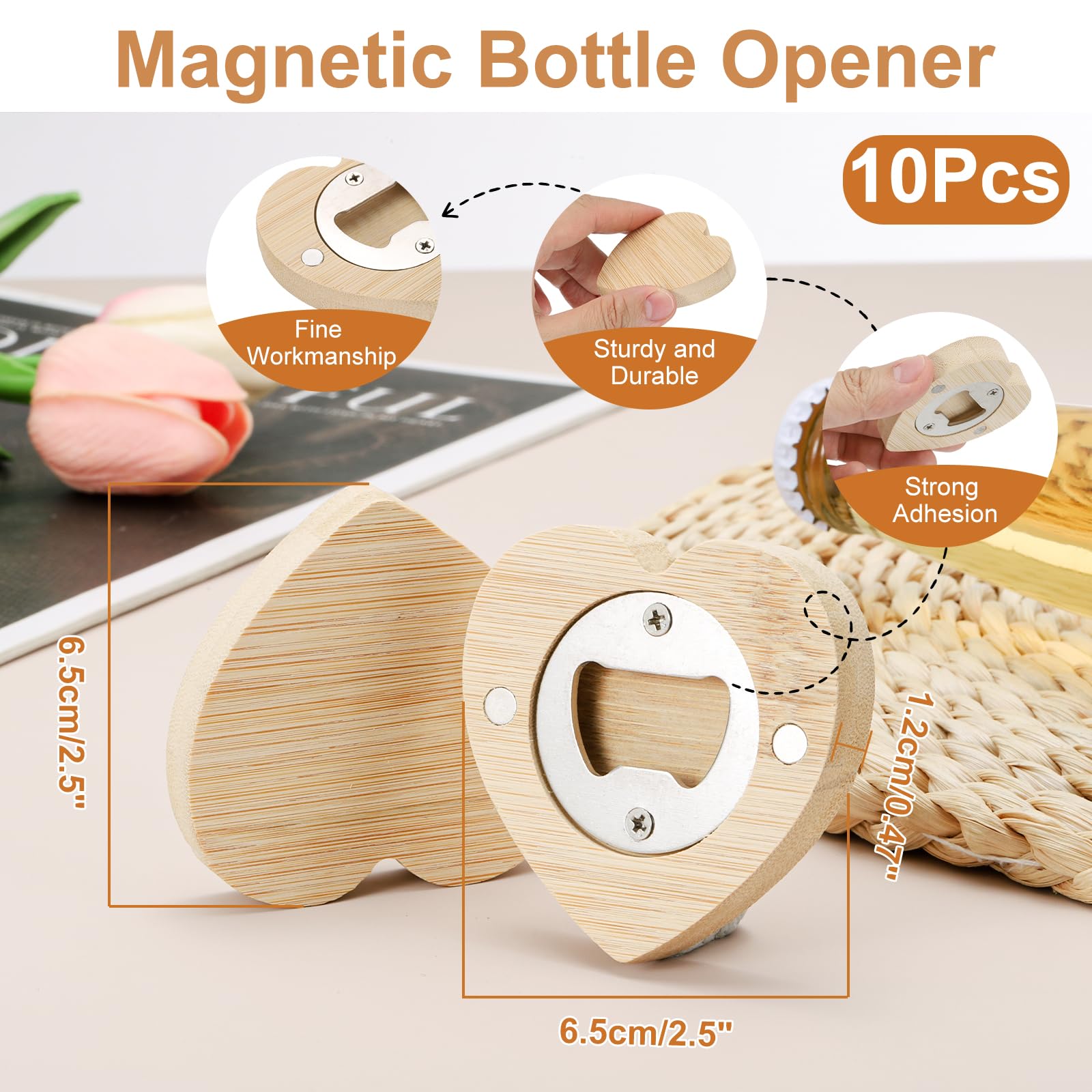 QUARKZMAN 10 Pz Apribottiglie in Legno Magnetici A forma di Cuore | Apribottiglie Portatili di Birra in Acciaio Inox Magneti da Frigorifero Regalo per Uomini e Amanti Della Birra