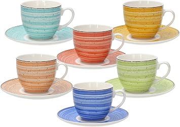 Tognana Kaleido Set of 6 New Bone China Tea Cups with Saucers, Multi-Colour