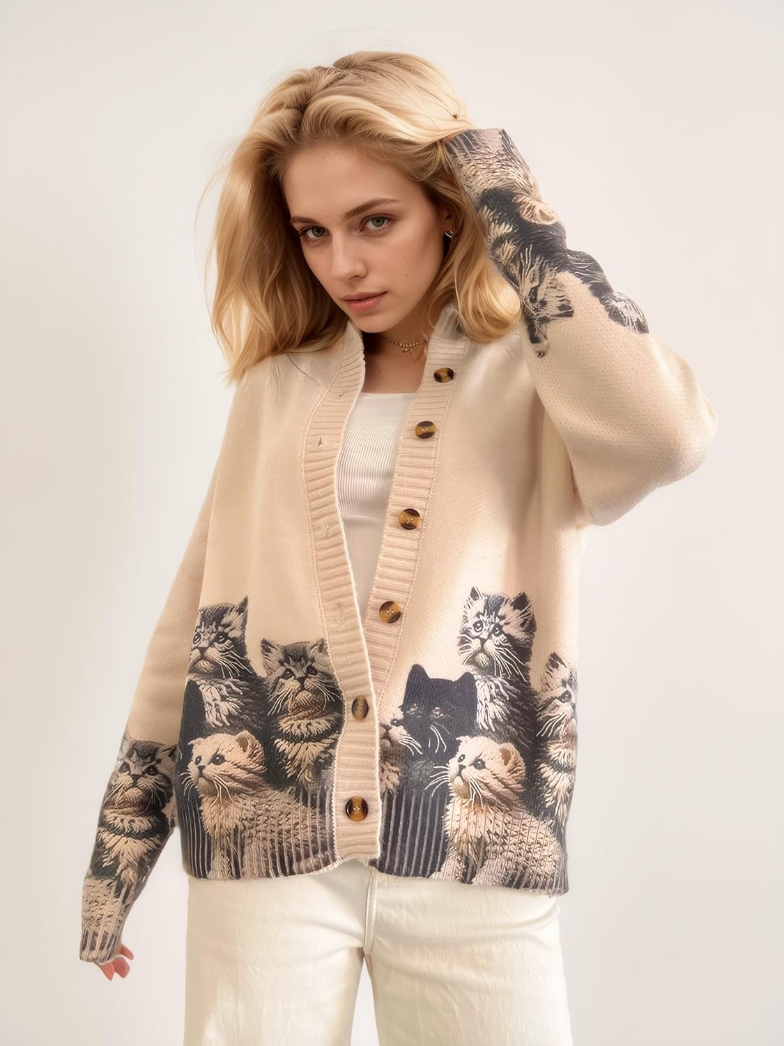 Graphic Cardigans for Women Knitted Button Oversize Cat Graphic Sweater Warm Cartoon Casual Trendy Cardigans - Image 4
