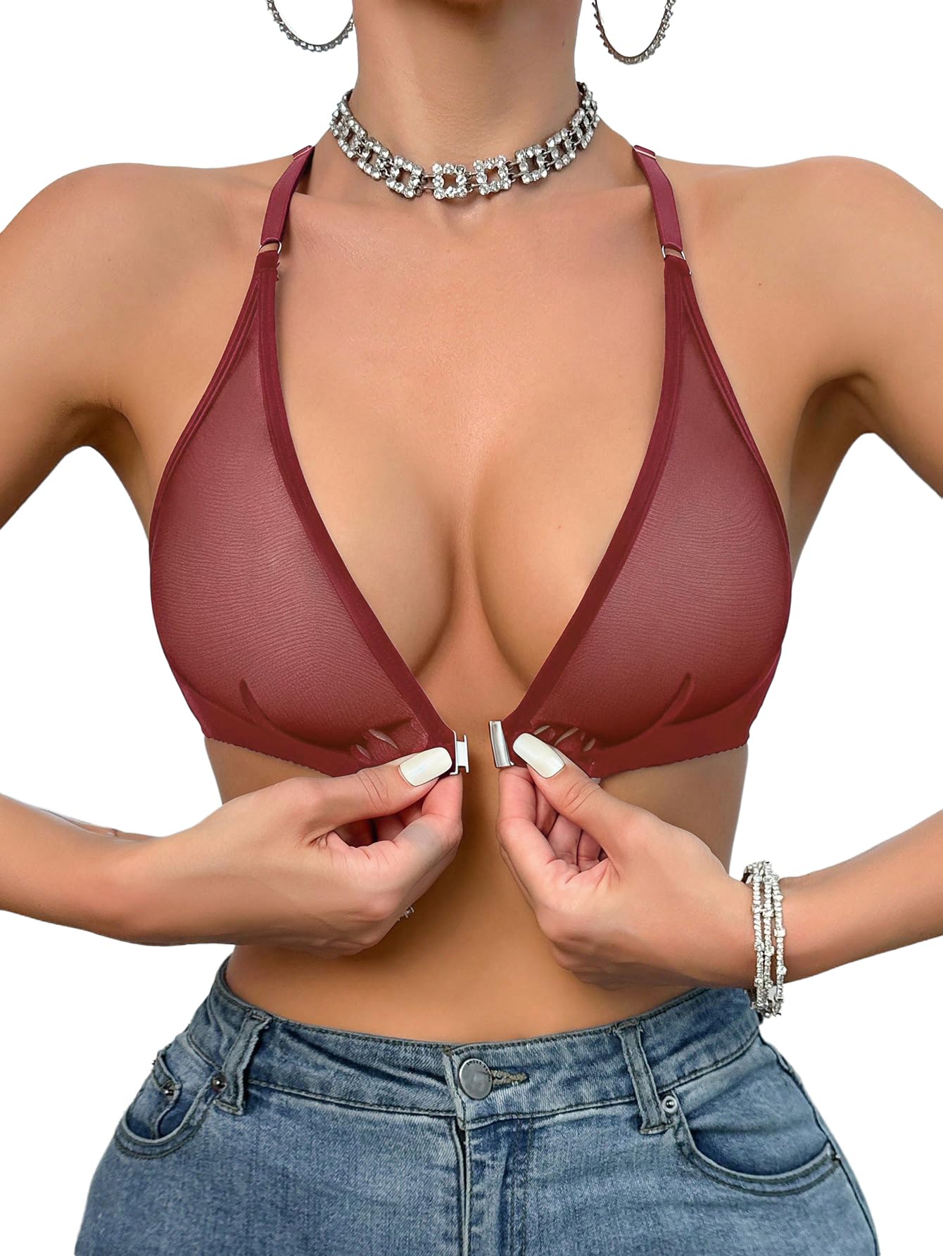 SOLY HUX Women's Sheer Mesh Bralette Front Closure Bras