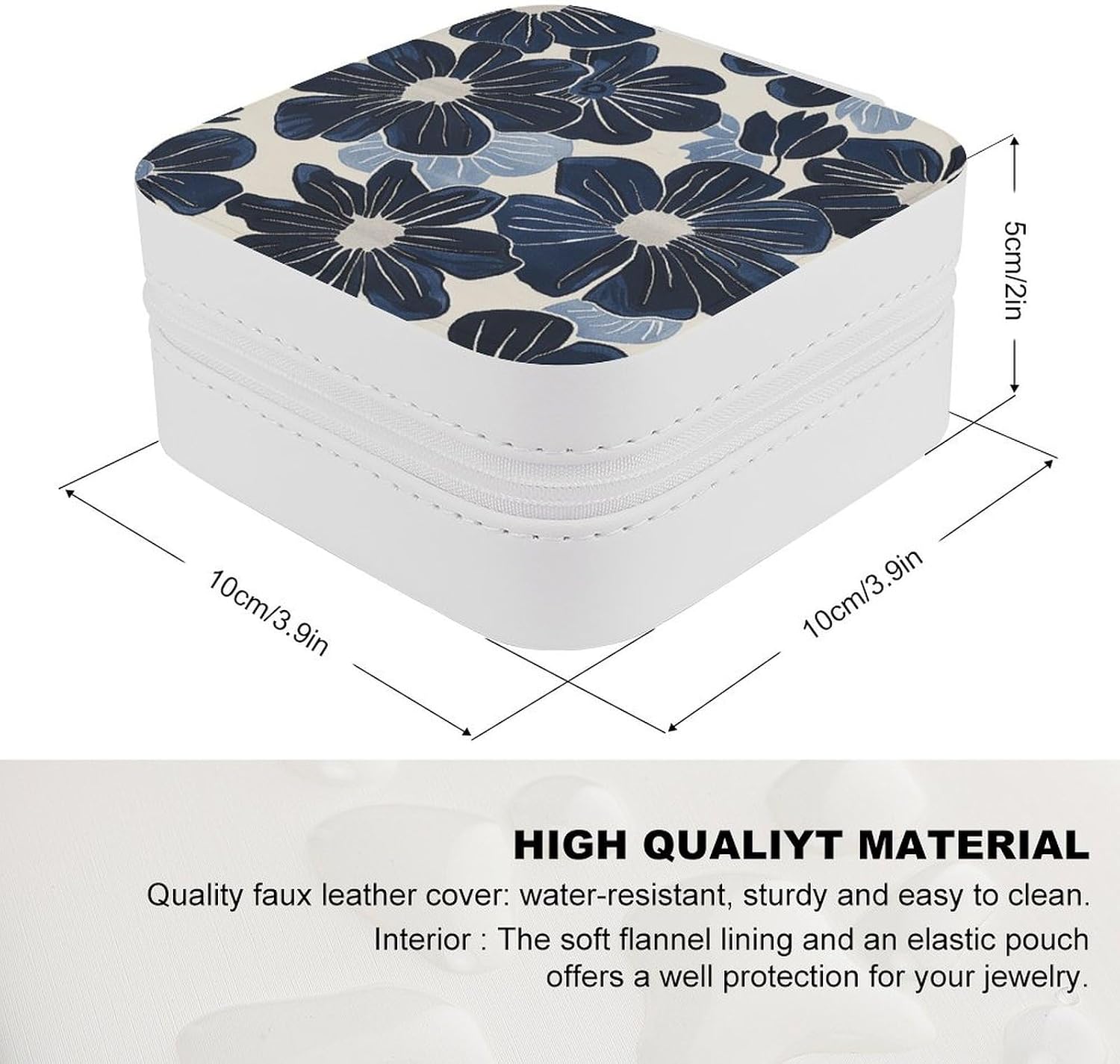 PU Leather Storage Box,Navy Blue Flowers Printed Portable Jewelry Box Mini Travel Storage Box Women's Jewelry Storage Rack for Necklace Earrings Bracelets Rings image 2
