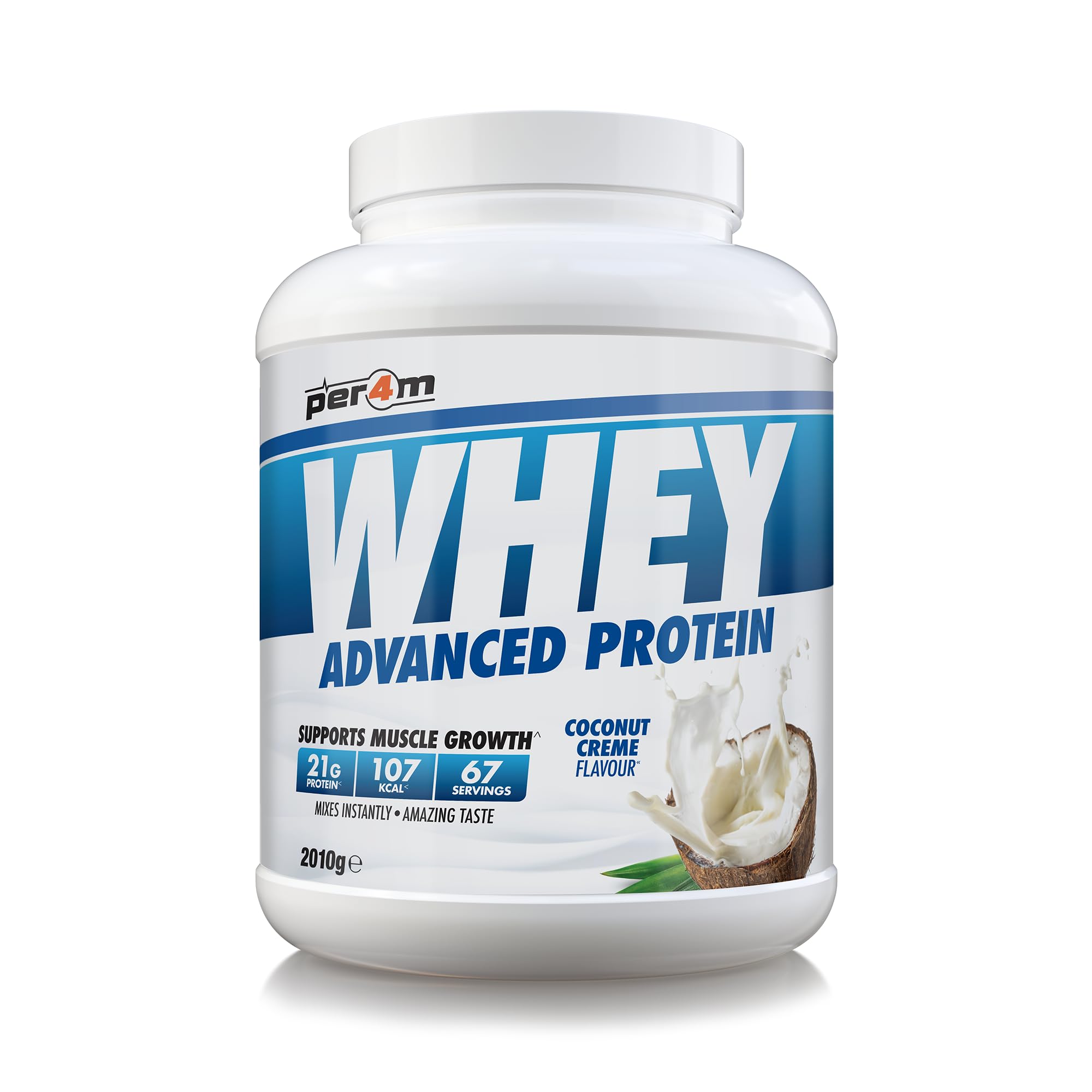 Per4m Whey Protein Powder | High Protein Shake for Muscle Growth & Recovery | Low Sugar Gym Supplement | Sports Nutrition Drink + Amino Acids (2010g, Coconut Creme)