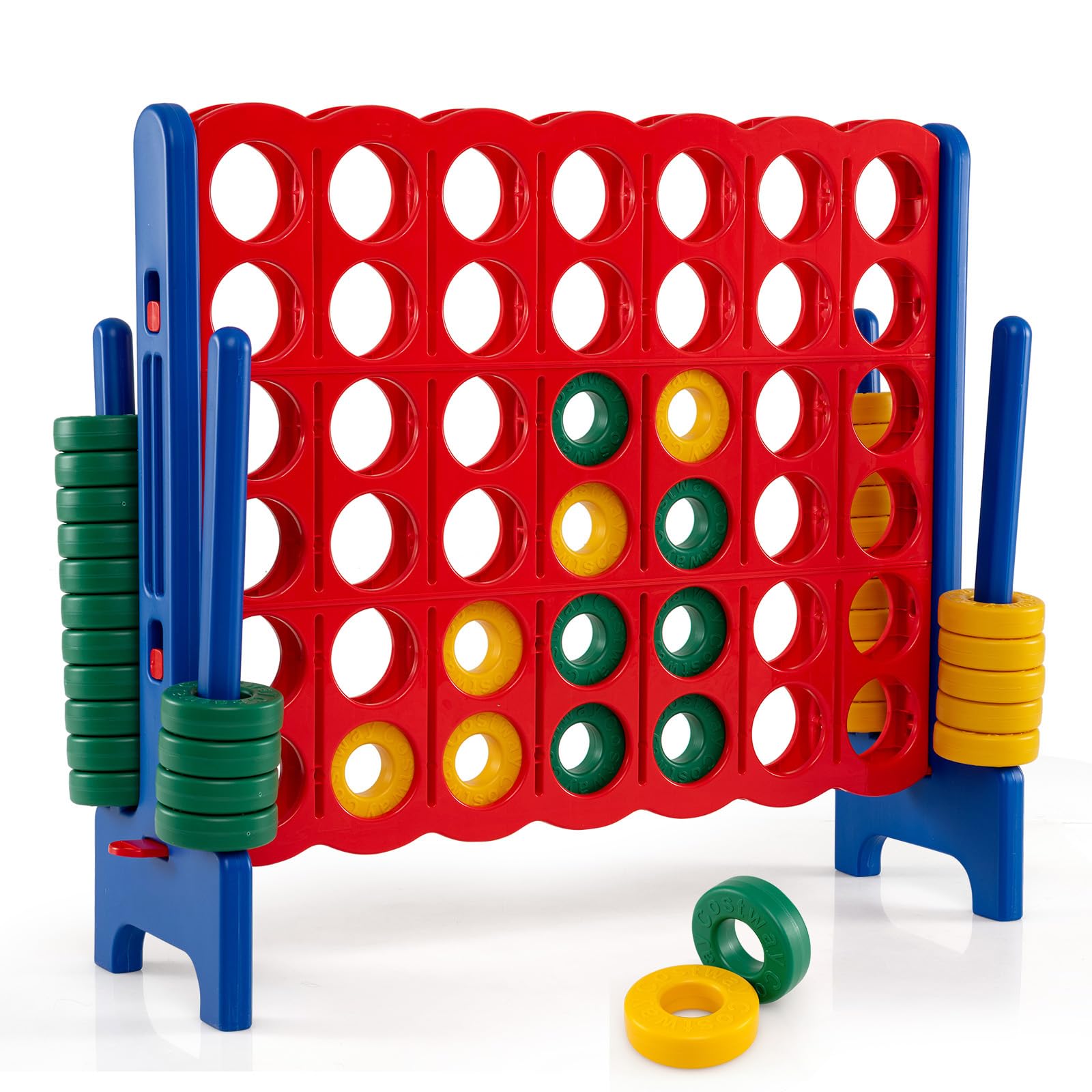 GOPLUS Puissance 4 Géant avec 42 Anneaux, Levier, Porte-Anneaux Latéraux, Plateau en Plastique, Jeu de Société Éducatif 4-en-Ligne pour Réunions de Famille Intérieur/Extérieur, 2-4 Joueurs (Bleu)