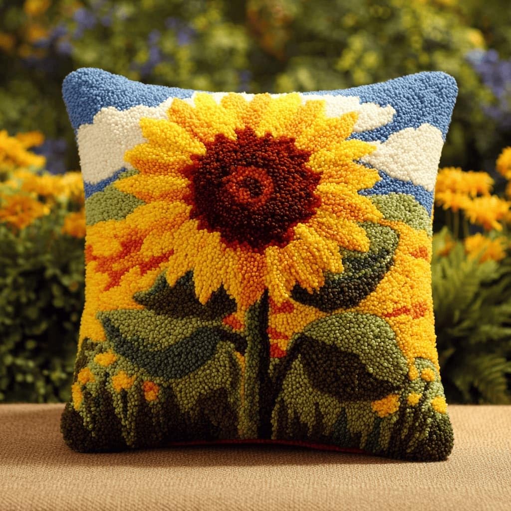 AxiangziK Latch Hook Cushion Kits,Sunflower DIY Needlework Pillow Cover Cushion Rug Making Kit,17X17Inch Handmade Embroidery Kits, Decorative Throw Pillow Cover for Sofa Cushions, Bedroom Decor