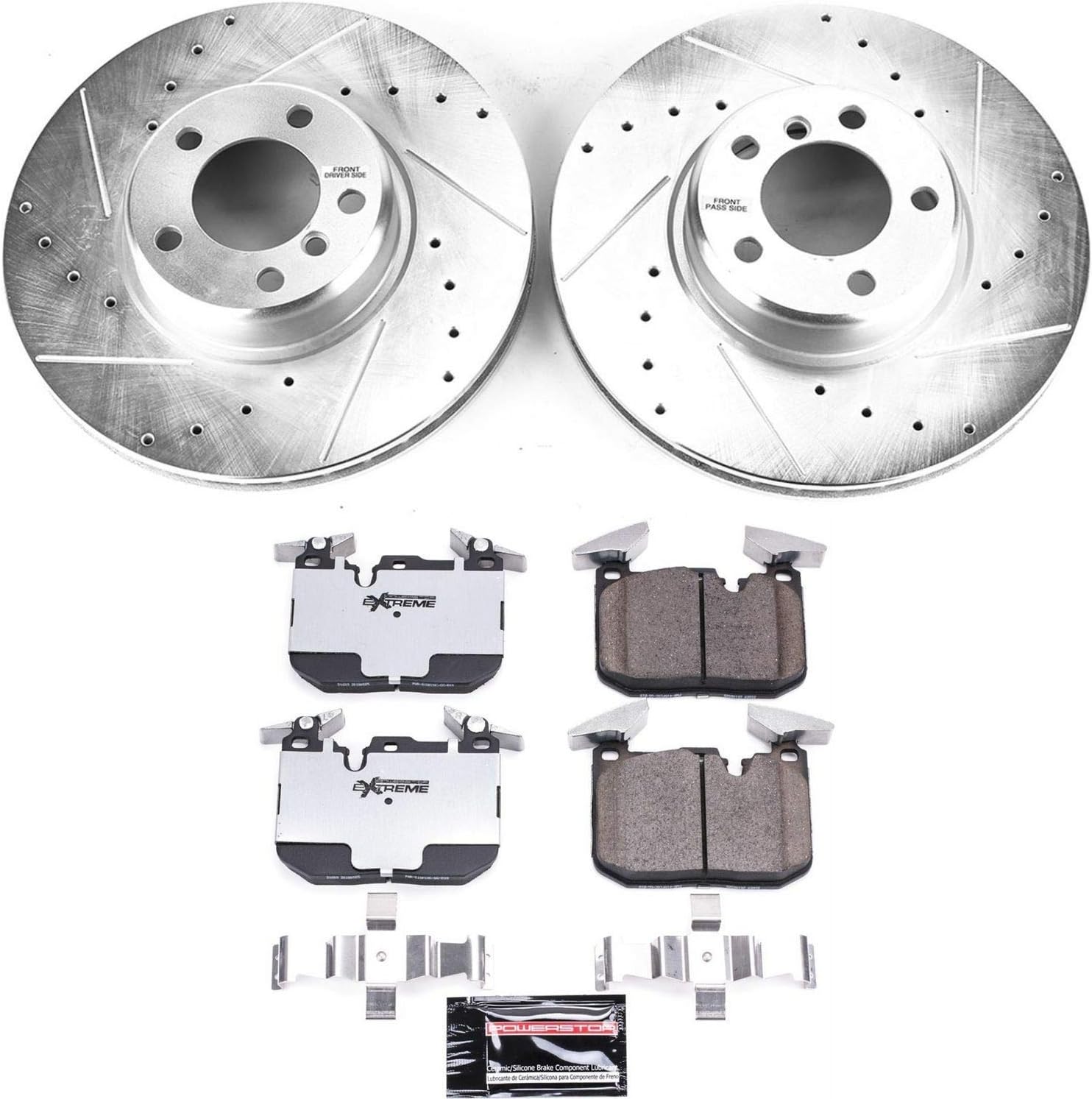 Power Stop K6653-26 Front Z26 Carbon Fiber Brake Pads with Drilled & Slotted Brake Rotors Kit and 1 Front Sensor Wire