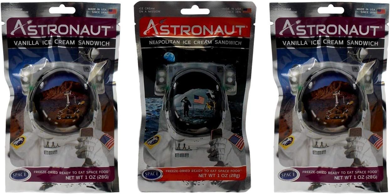 Astronaut Foods Freeze-Dried Ready To Eat Space Food Ice Cream 2 Flavor Variety Bundle: (1) Neapolitan Sandwich and (2) Vanilla Sandwich (3 Pouches)