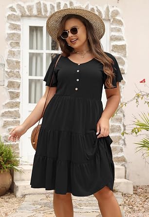 Nemidor Women Plus Size Casual Swing Dress Tiered Midi Pocket