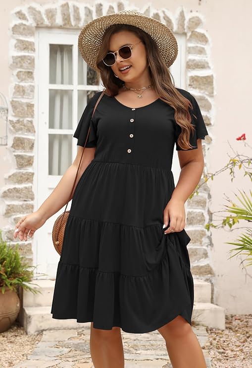 Nemidor Women Plus Size Casual Swing Dress Tiered Midi Pocket