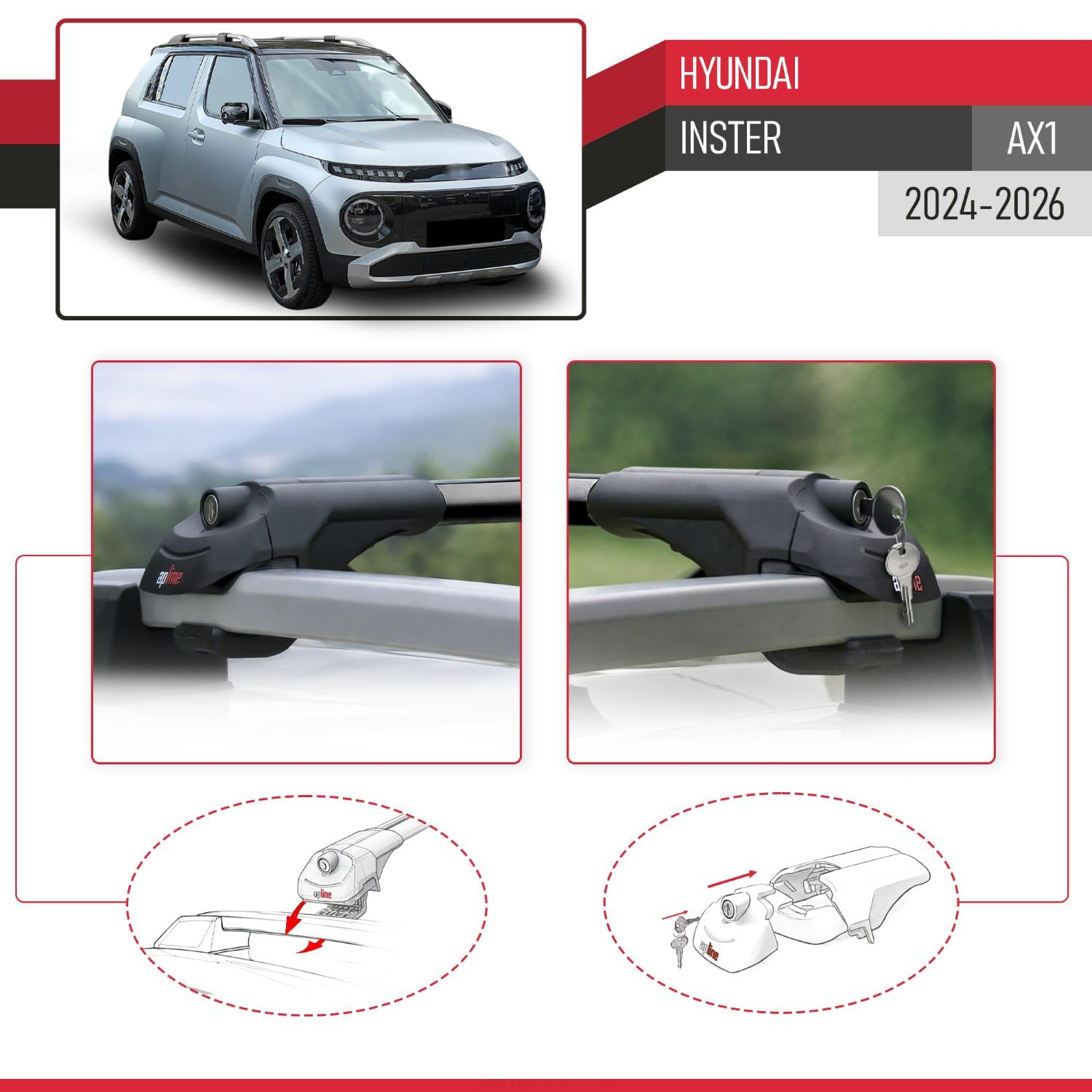 Compatible con Hyundai Inster 2025-2026 Ace-1 Barras de Techo Auto Portaequipajes Barras Transversales Negro Aluminio 2 Barras