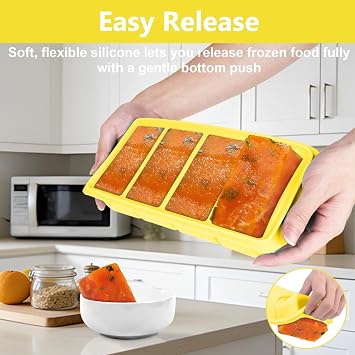 1 Pack Soup Cubes Silicone Freezer Tray, Soup Freezer Containers with Lid, Large 4-Compartment, Makes 4 1-Cup Portions Cubes, Silicone Freezer Moulds for Meal Prep, Soups, Sauce (Yellow)