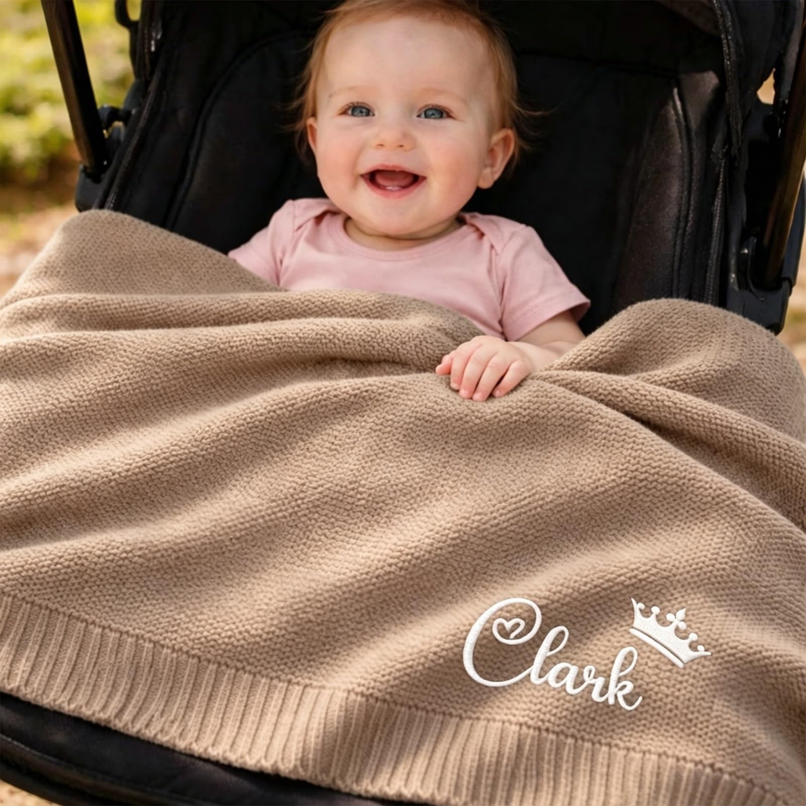 ZZTINGC Personalized Baby Name Blanket, Custom Embroidered Soft Knit Blanket, Baby Shower Present, Newborn Keepsake, New Mom Gift (30x40 Inches)(Light Brown)