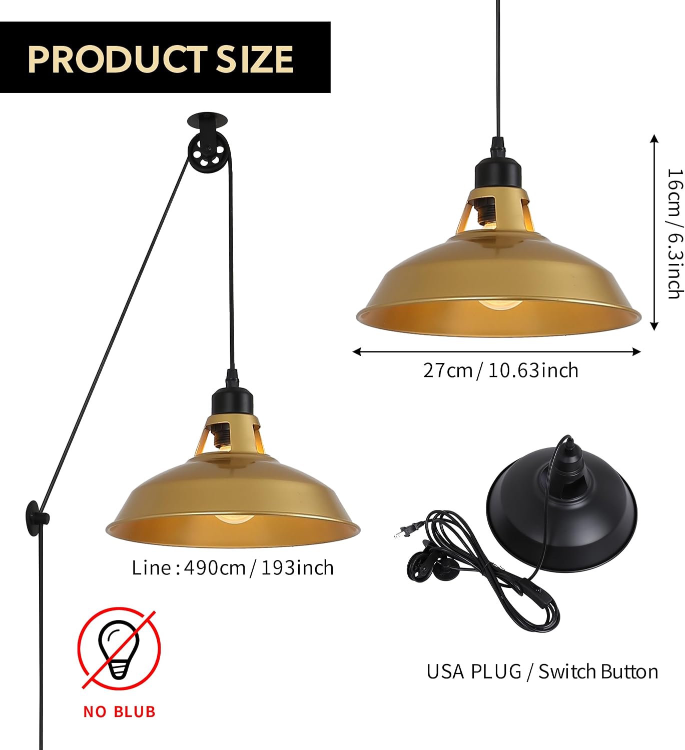 SUNLLOK Set of 2 Plug in Pendant Light, Industrial Lift Pipe Pulley Ceiling Fixture Retro Hanging Lamp with Switch - Indoor Metal Chandelier for Living Room Restaurant, Adjustable Height, Gold