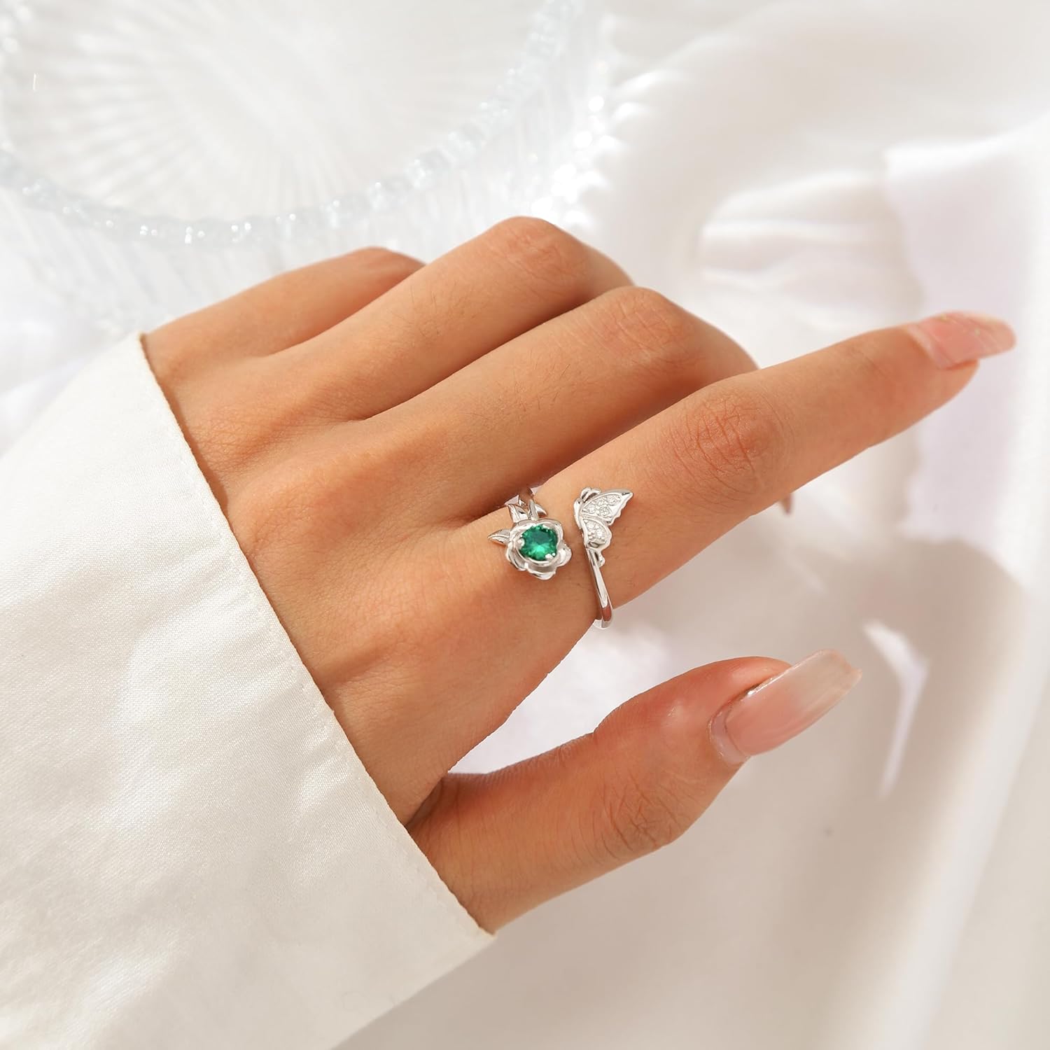 Jewmon Butterfly Rose Birthstone Ring for Women Valentines Day Gifts for Her 925 Sterling Silver Butterfly Birth Stone Ring Elegant Rose Promise Ring Birthstone Jewelry Gift for Girlfriend Wife - Image 7