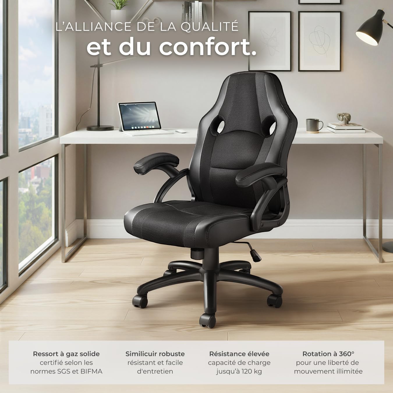 tectake® Chaise Gaming Chaise de Bureau Fauteuil de Bureau Siège Gaming Fauteuil pivotant Design à 360°, Chaise Ergonomique, Fauteuil avec Accoudoirs, Roulette, Hauteur réglable, Teletravail
