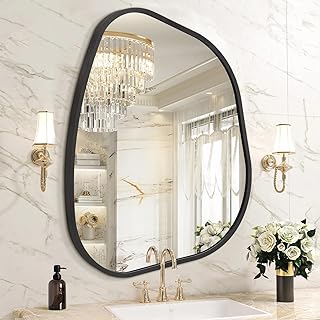 Comprar Espejo de pared asimétrico negro irregular espejo decorativo para baño, marco de aleación de aluminio para sala de estar, entrada, dormitorio, grande, 45 x 65 cm