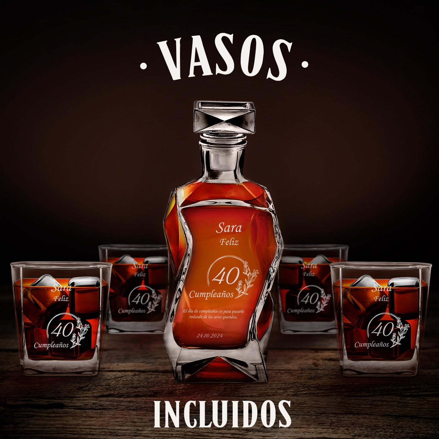 Maverton - Decantador Personalizado 700ml Con 4/6 Vasos 250ml - Set De Whiskey Con Grabado- Regalos Originales Para Hombre - Regalo Hombre - Ideal Para Padre Abuelo Amigo Whisky Amateur