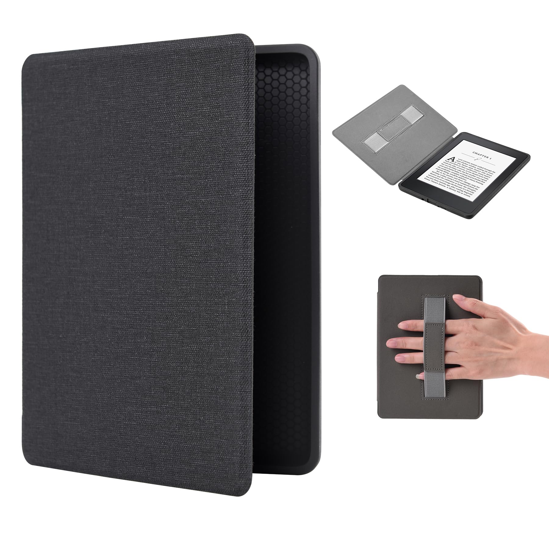 Etui ochronne do Kindle Paperwhite 2018 10th, (numer modelu: PQ94WIF) 6" z paskiem na nadgarstek i funkcją automatycznego uśpienia, czarne